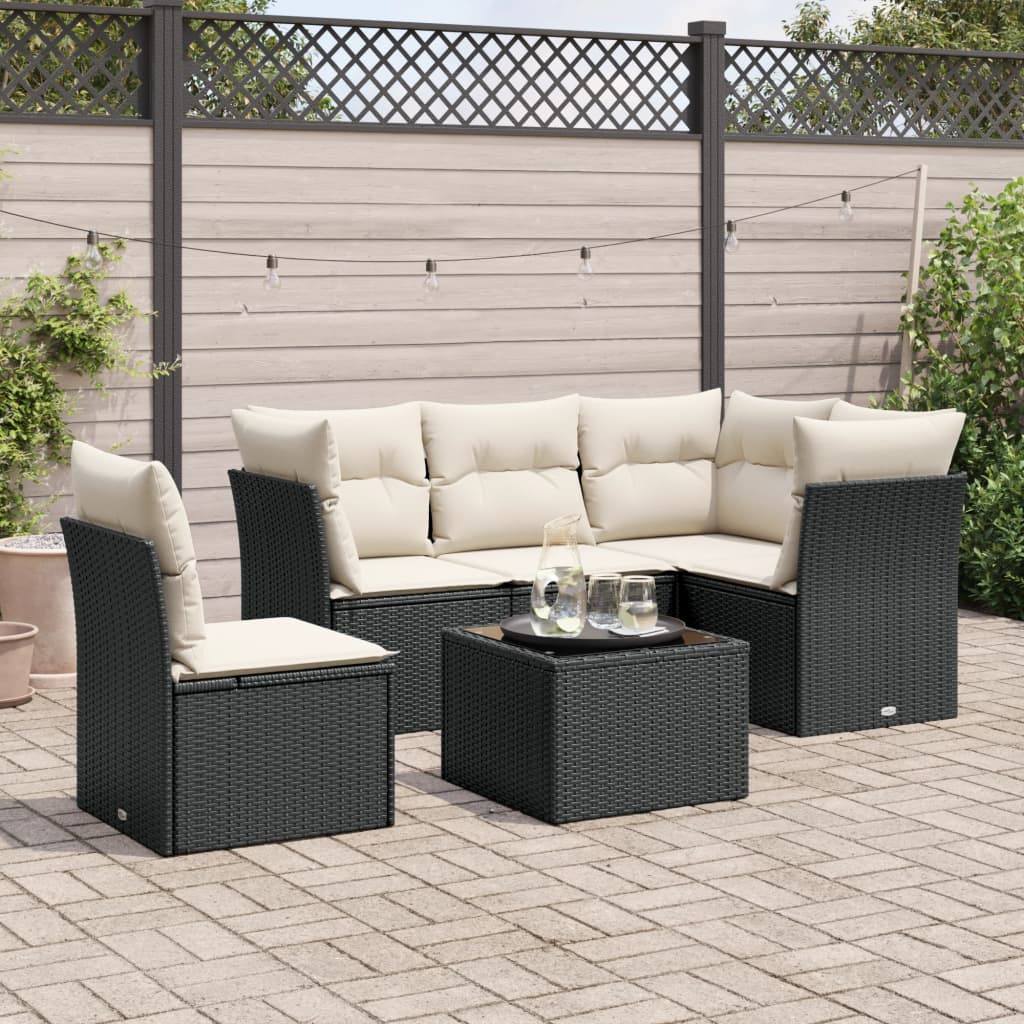 6 Pcs conjunto sofás de jardim c/ almofadões vime PE preto