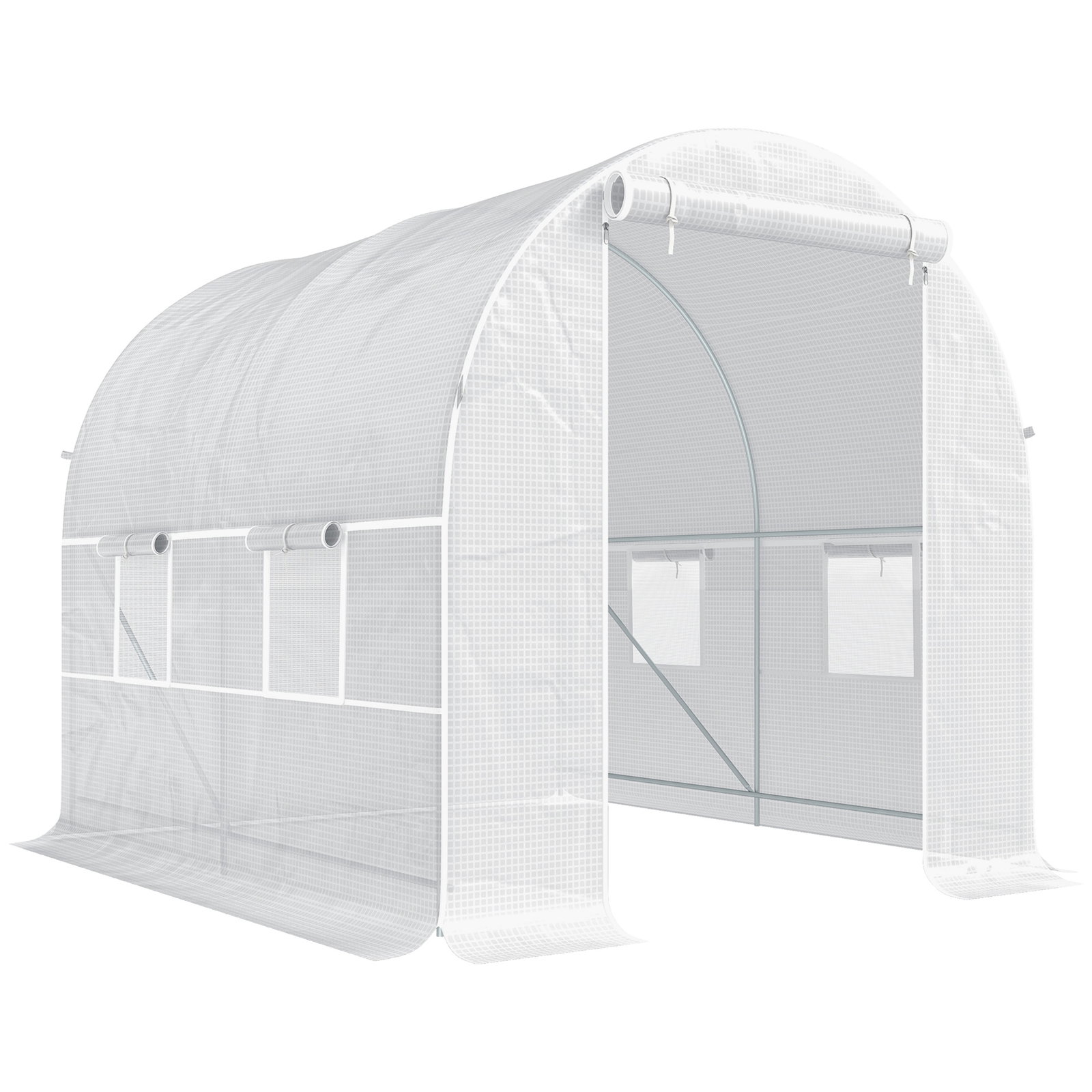 Estufa tipo túnel 245x200x200cm com portas enroláveis e 4 janelas cobertura de PE estrutura de metal branco