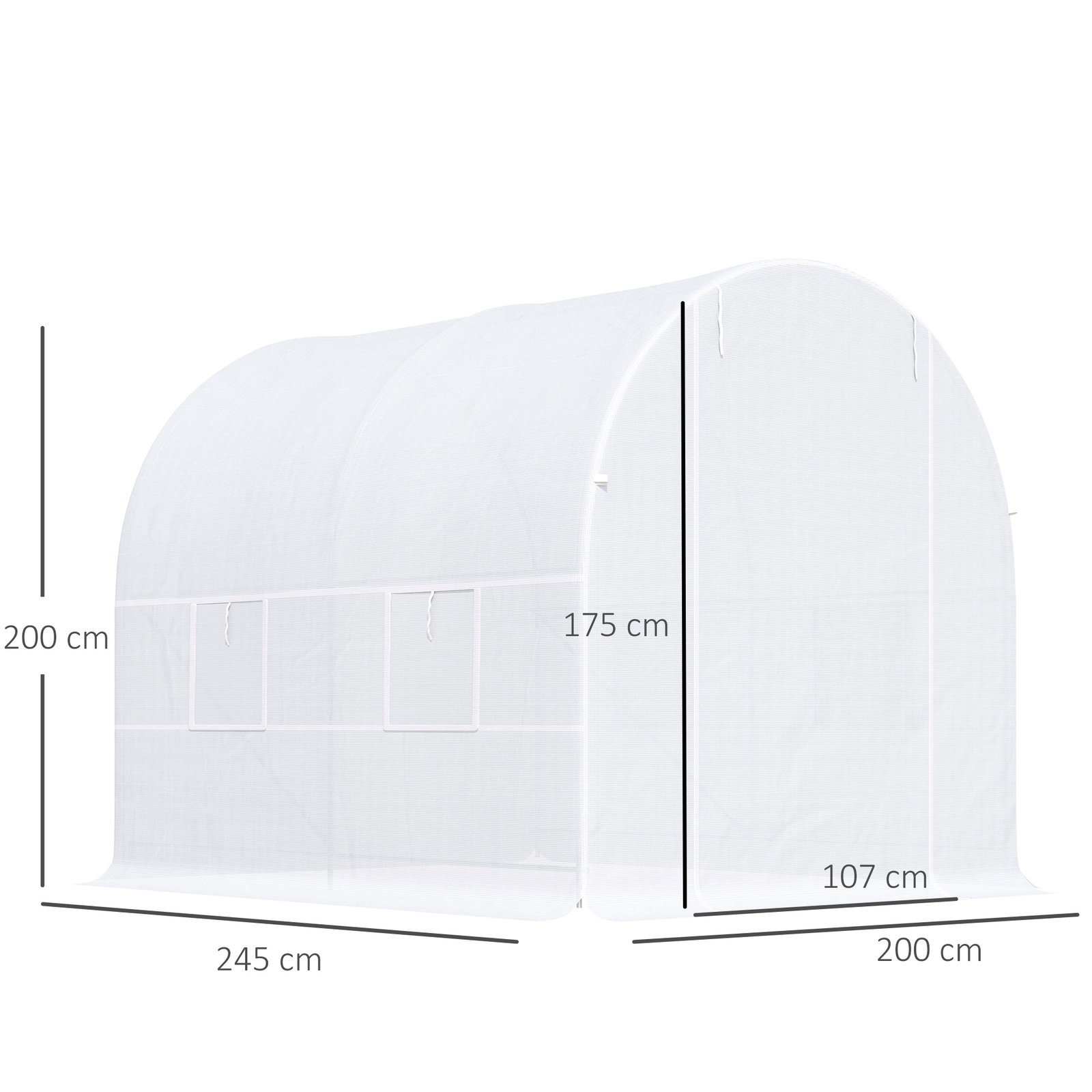 Estufa tipo túnel 245x200x200cm com portas enroláveis e 4 janelas cobertura de PE estrutura de metal branco