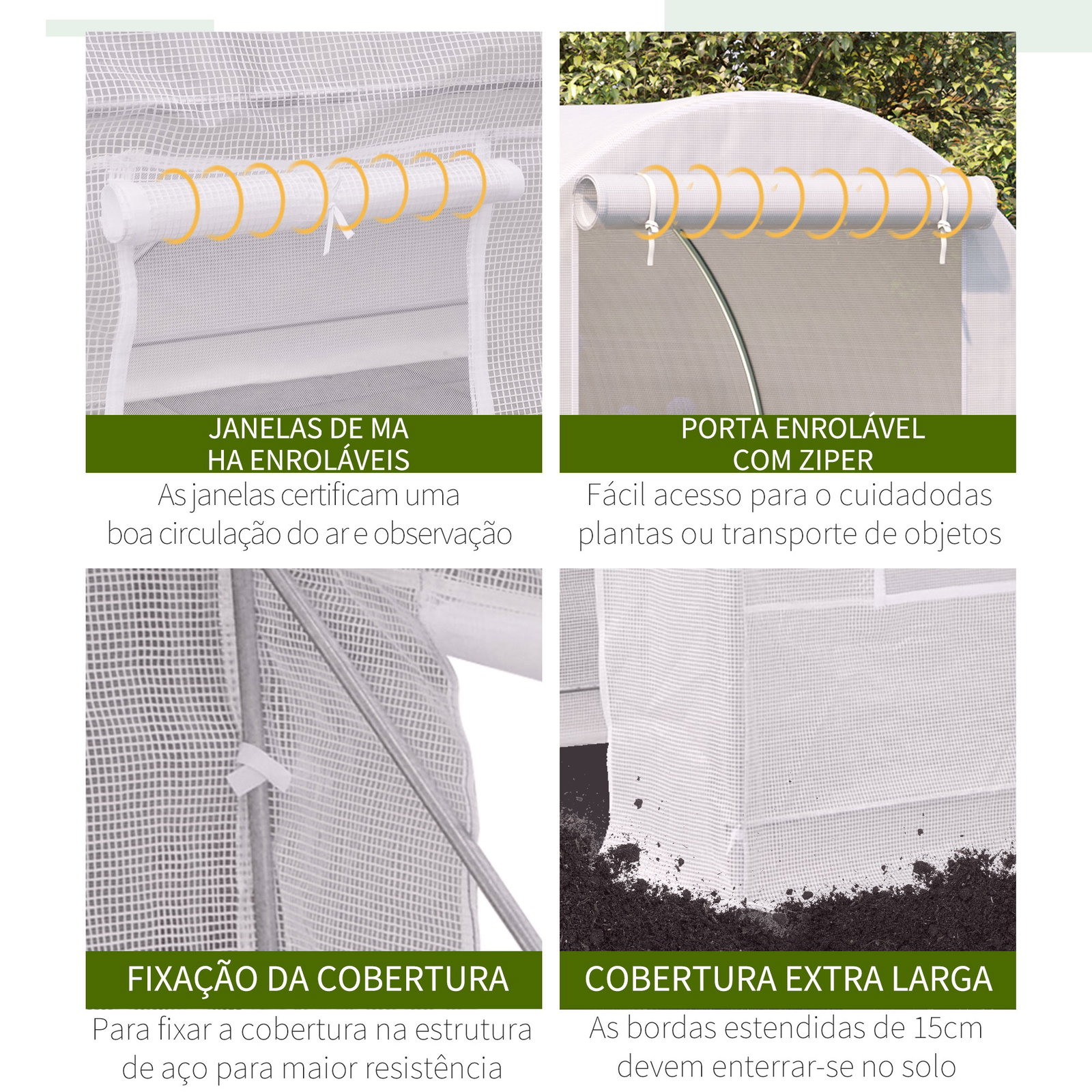 Estufa tipo túnel 245x200x200cm com portas enroláveis e 4 janelas cobertura de PE estrutura de metal branco