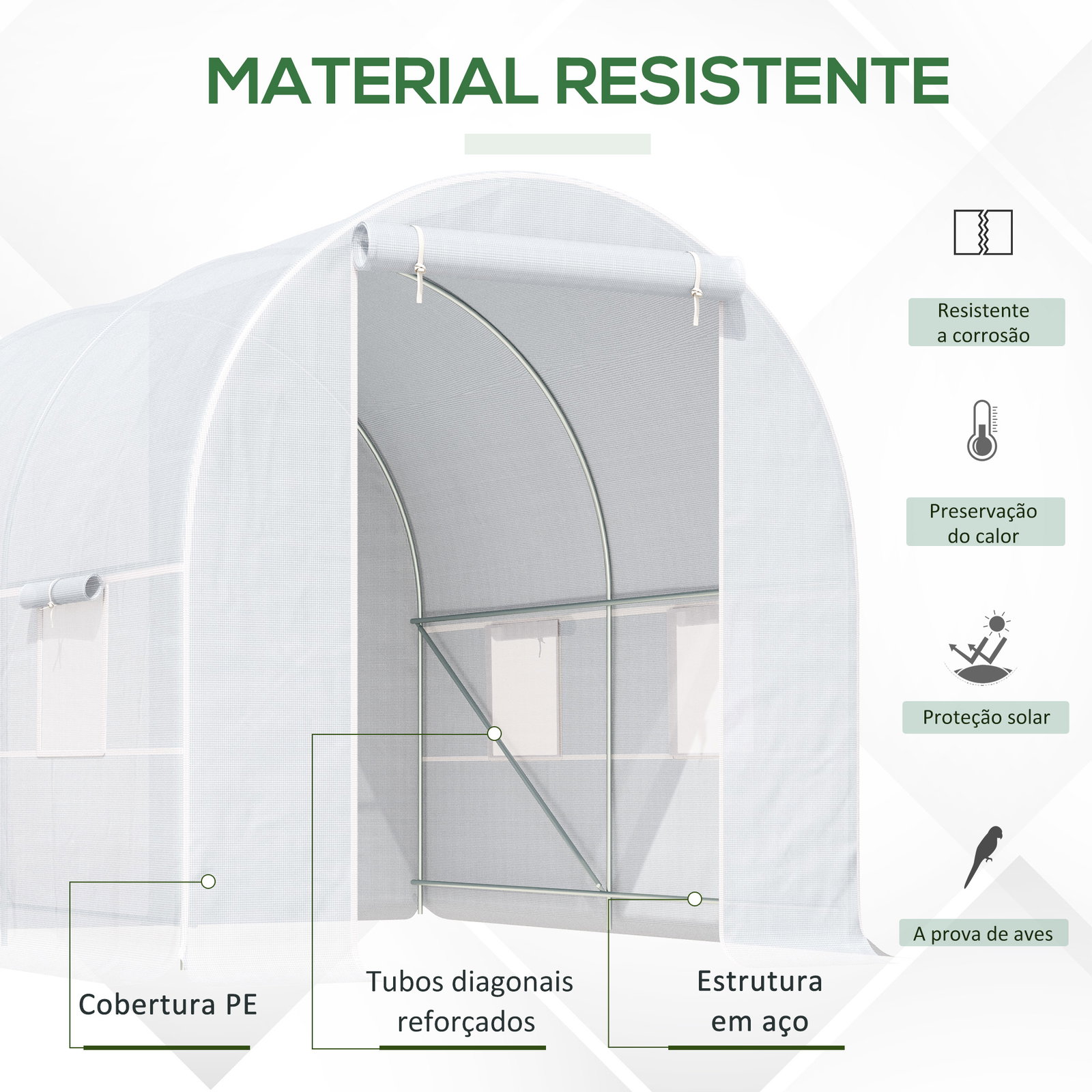 Estufa tipo túnel 245x200x200cm com portas enroláveis e 4 janelas cobertura de PE estrutura de metal branco