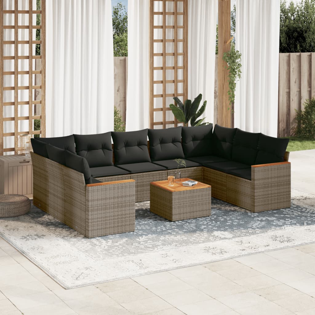 10 Pcs conjunto sofás de jardim c/ almofadões vime PE cinzento