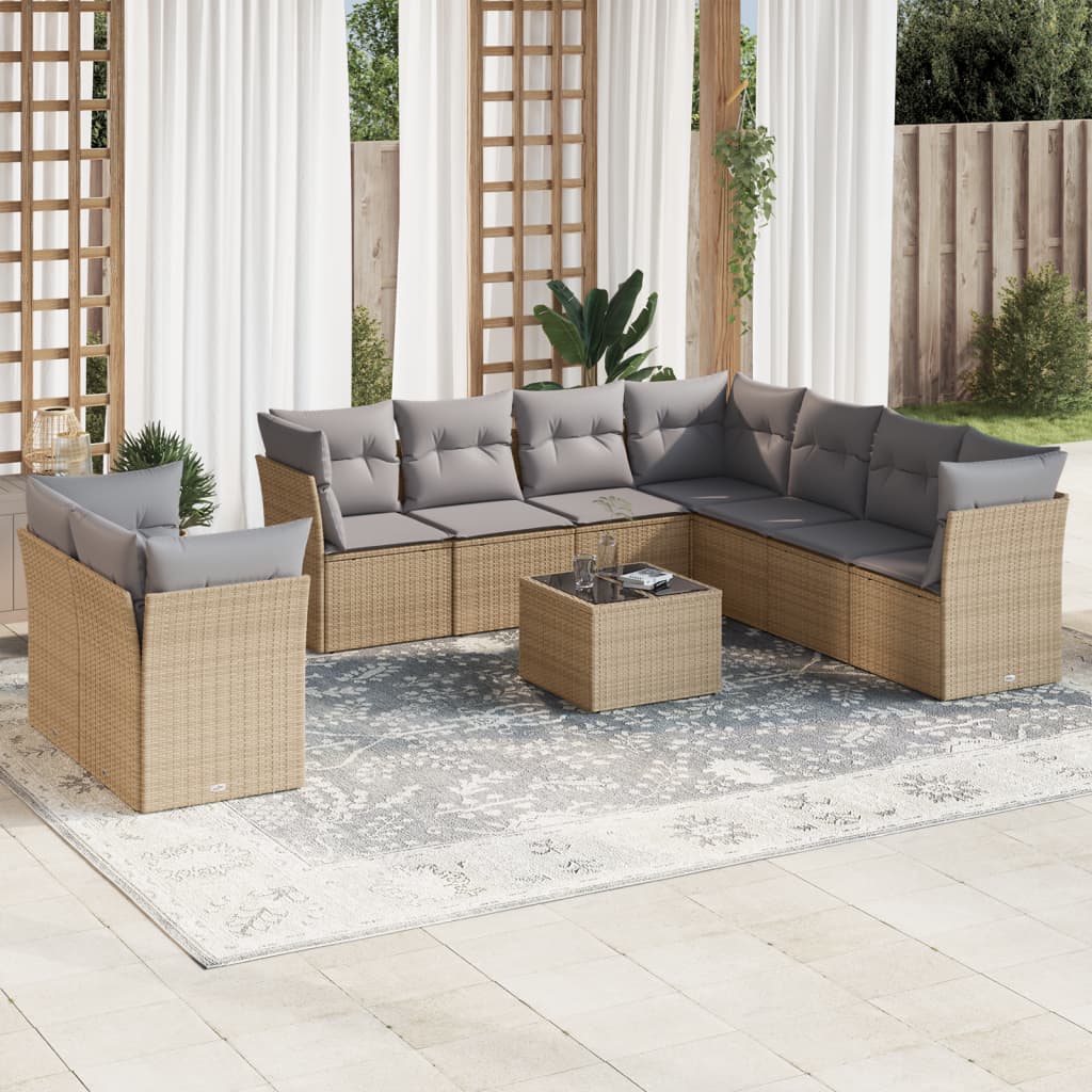 10 Pcs conjunto de sofás p/ jardim com almofadões vime PE bege