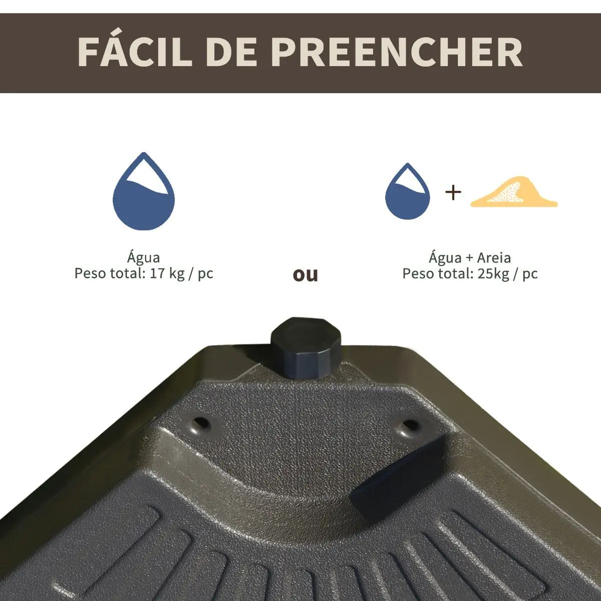 Base para chapéu de sol em 4 partes recarregável com areia ou água desmontável para jardim pátio ar livre 100x100x10,5cm marrom