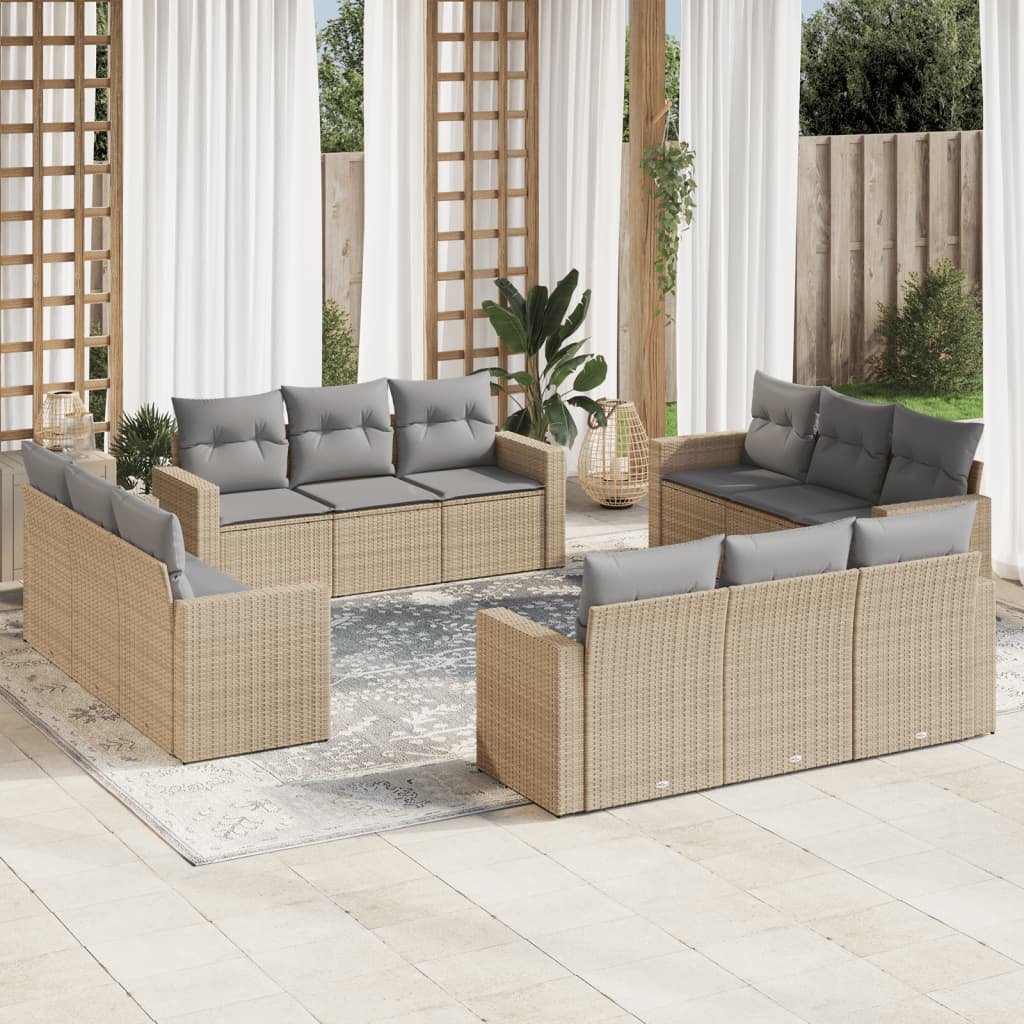 12 Pcs conjunto de sofás p/ jardim com almofadões vime PE bege