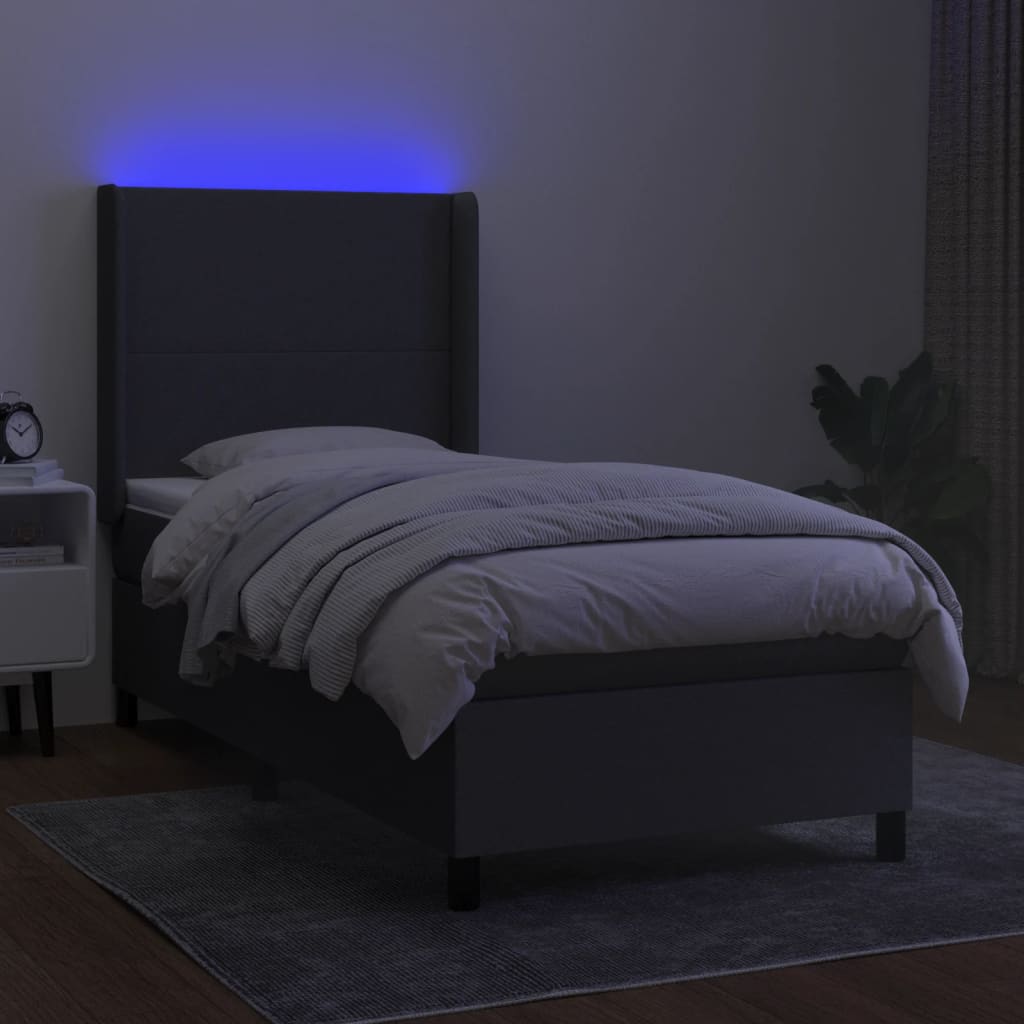 Cama box spring c/ colchão e LED 90x200 cm tecido cinza-escuro