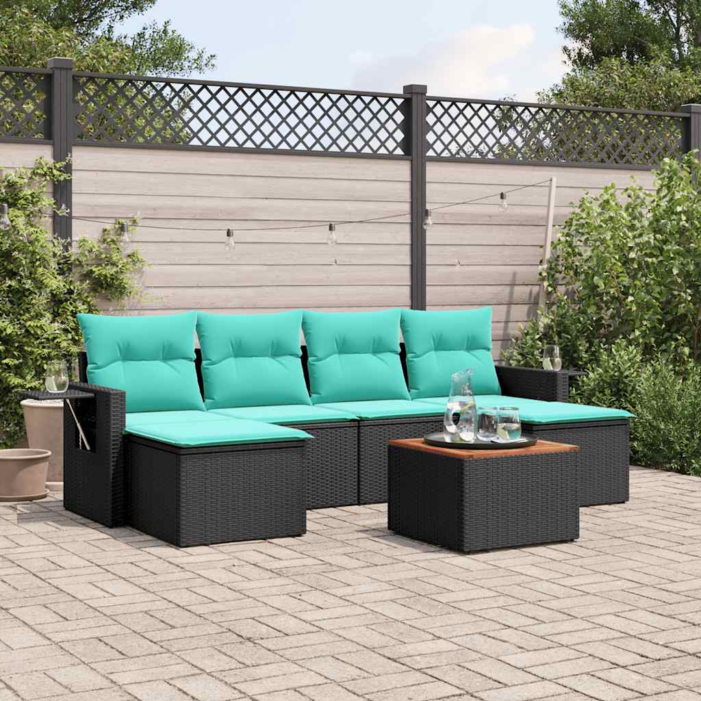 Conjunto de sofá de jardim com 7 peças e almofadas em rattan sintético preto