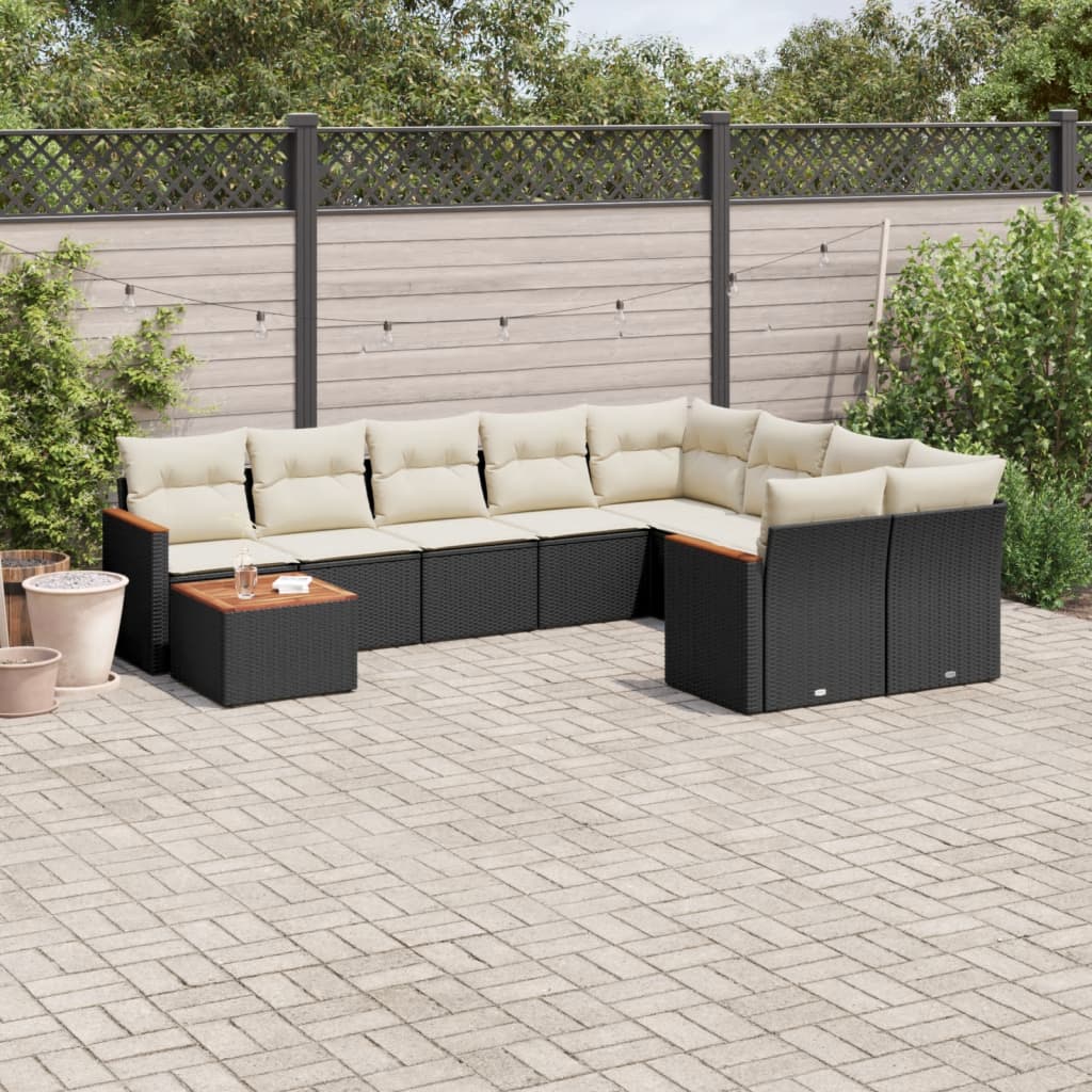10 Pcs conjunto sofás de jardim c/ almofadões vime PE preto