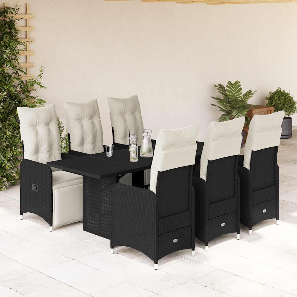 7 Pcs conjunto de bistrô p/ jardim c/ almofadões vime PE preto