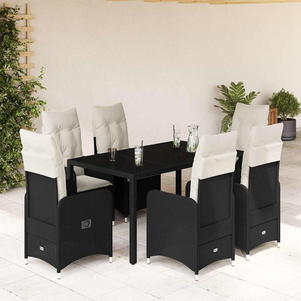 7 Pcs conjunto de bistrô p/ jardim c/ almofadões vime PE preto