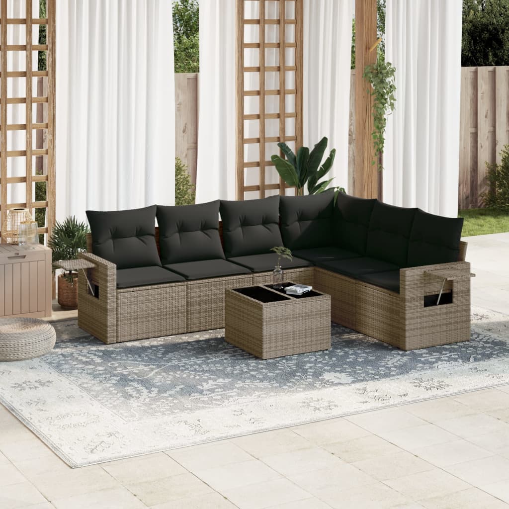 7 Pcs conjunto sofás p/ jardim c/ almofadões vime PE cinzento