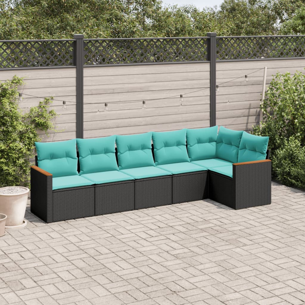 Conjunto de sofá de jardim com 6 peças e almofadas em rattan sintético preto