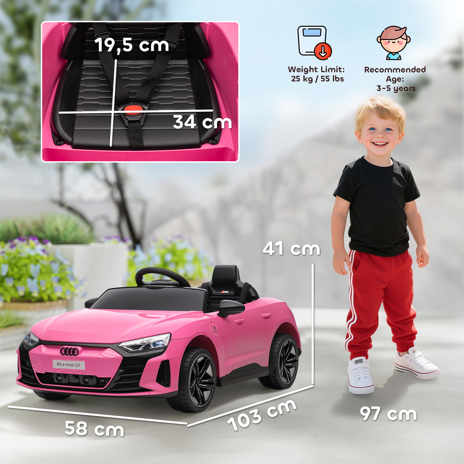 Carro elétrico audi rs e-tron gt 12v com 2 motores faróis LED buzina música USB 3-5km/h 103x58x41 cm rosa