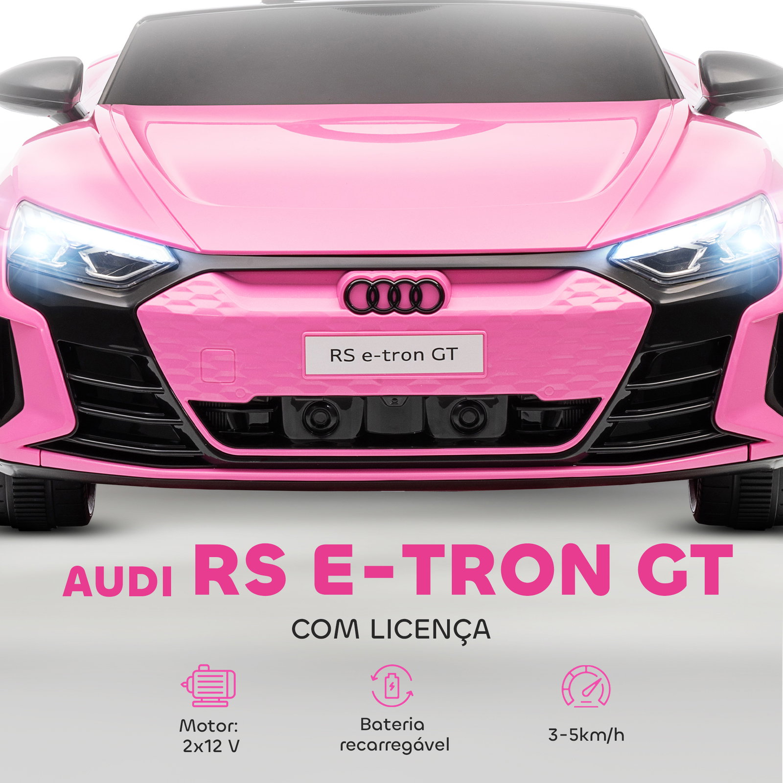 Carro elétrico audi rs e-tron gt 12v com 2 motores faróis LED buzina música USB 3-5km/h 103x58x41 cm rosa