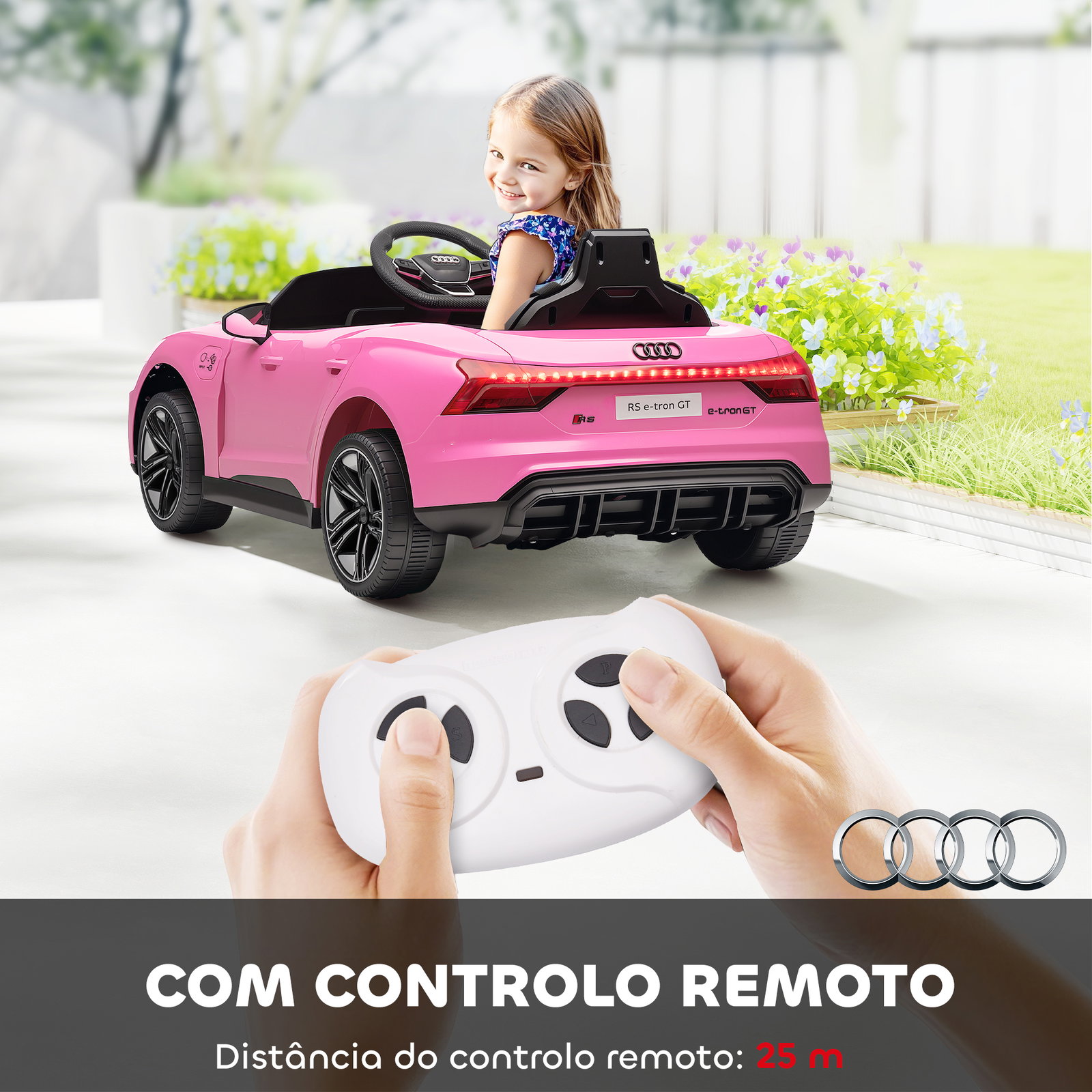 Carro elétrico audi rs e-tron gt 12v com 2 motores faróis LED buzina música USB 3-5km/h 103x58x41 cm rosa