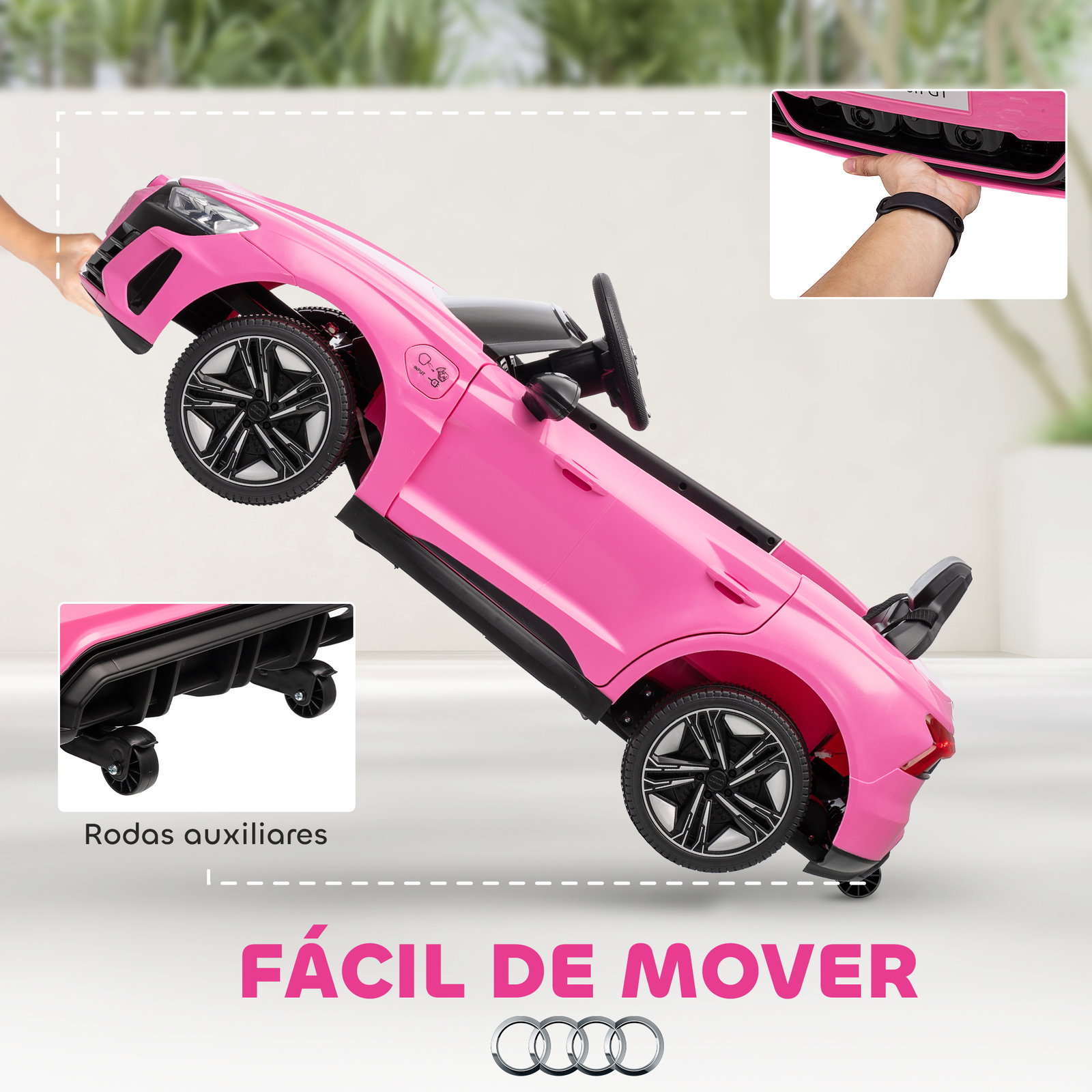 Carro elétrico audi rs e-tron gt 12v com 2 motores faróis LED buzina música USB 3-5km/h 103x58x41 cm rosa