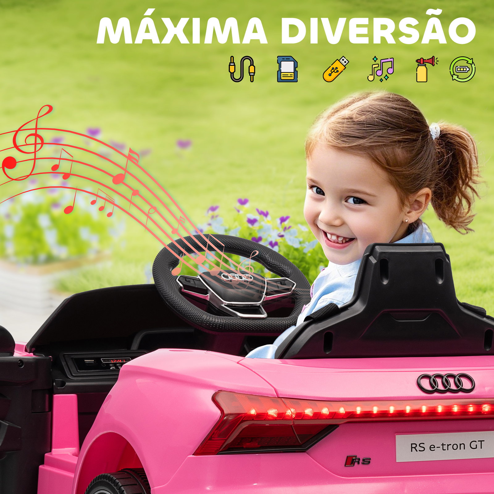 Carro elétrico audi rs e-tron gt 12v com 2 motores faróis LED buzina música USB 3-5km/h 103x58x41 cm rosa