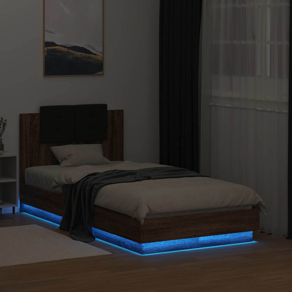 Estrutura cama cabeceira/luzes LED 75x190 cm carvalho castanho