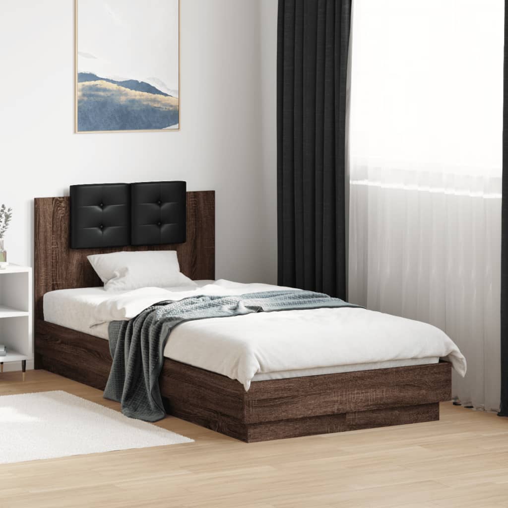 Estrutura cama cabeceira/luzes LED 75x190 cm carvalho castanho