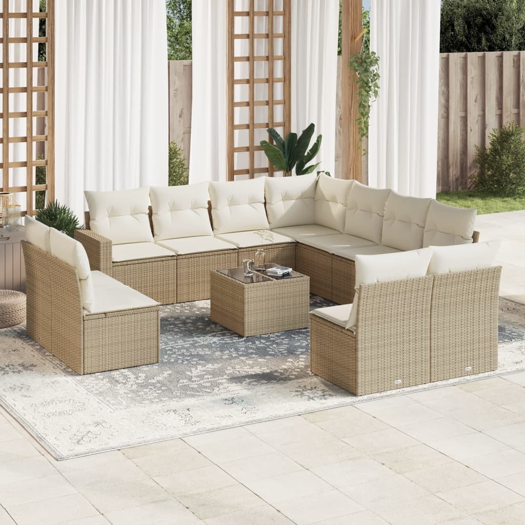 12 Pcs conjunto de sofás p/ jardim com almofadões vime PE bege