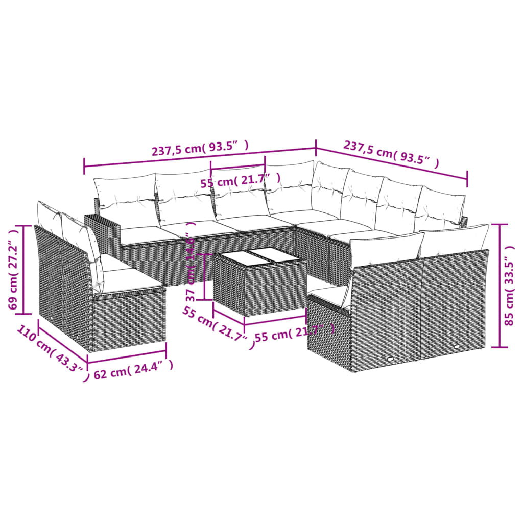 12 Pcs conjunto de sofás p/ jardim com almofadões vime PE bege