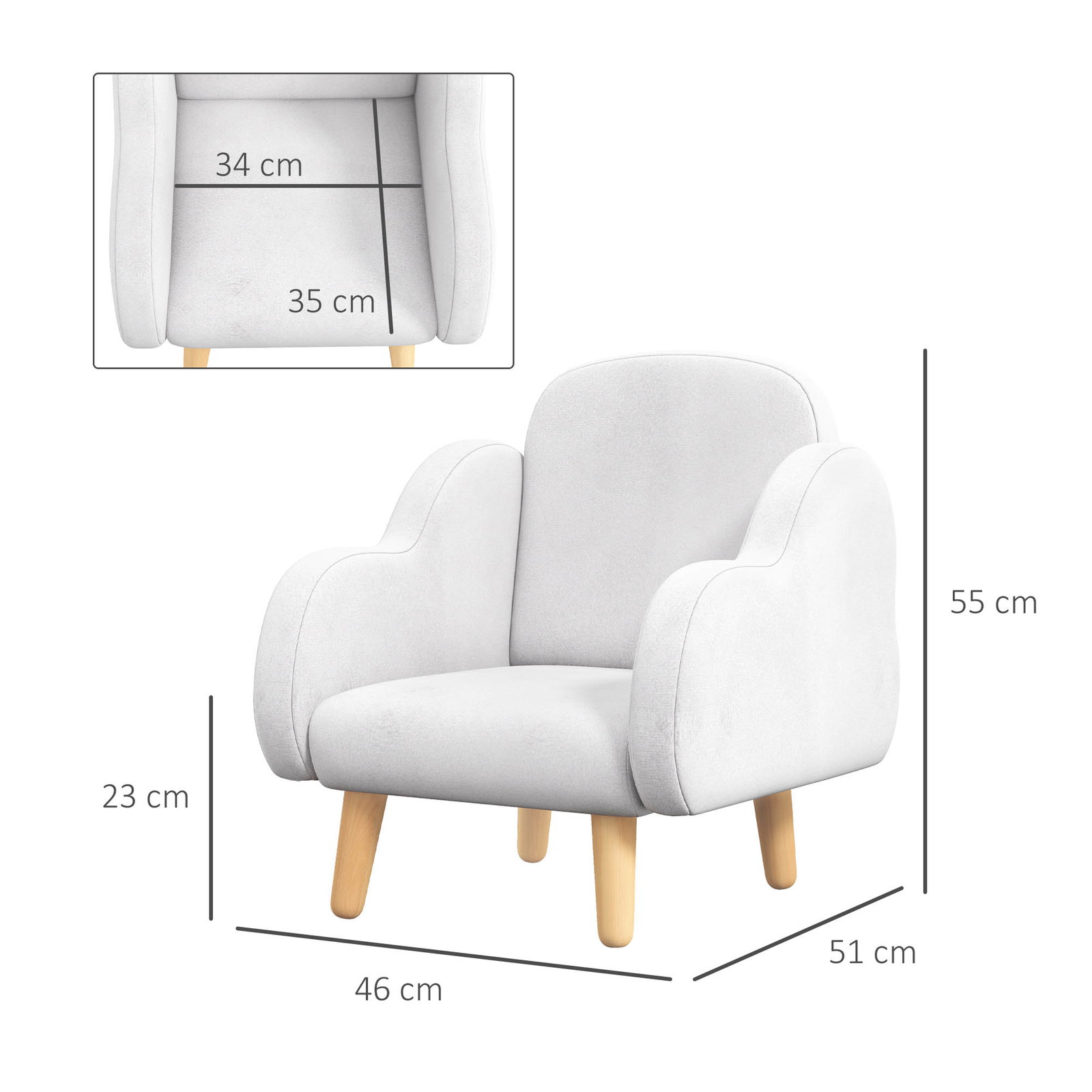 Poltrona para crianças em forma de nuvem com tato suave para crianças de 1,5-5 anos carga máxima 40 kg 46x51x55 cm branco