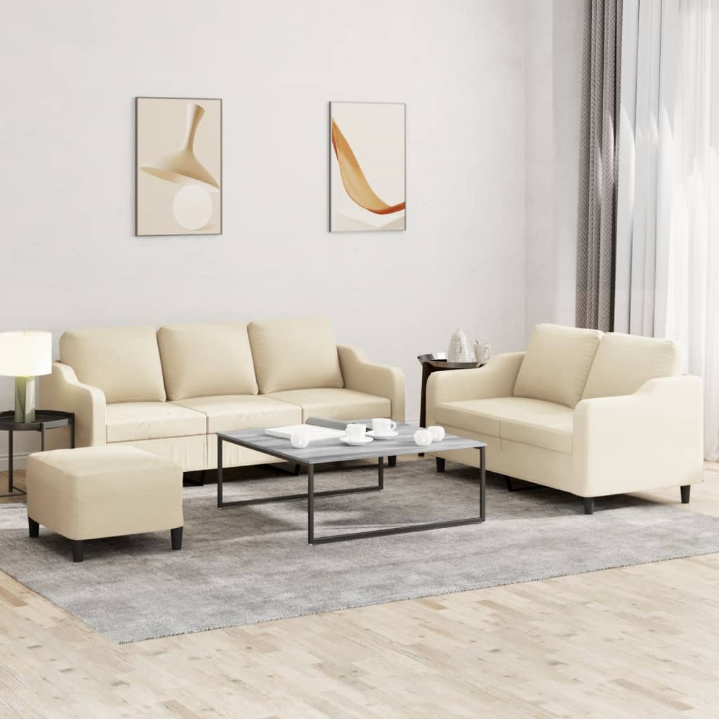 3 Pcs conjunto de sofás com almofadões tecido cor creme