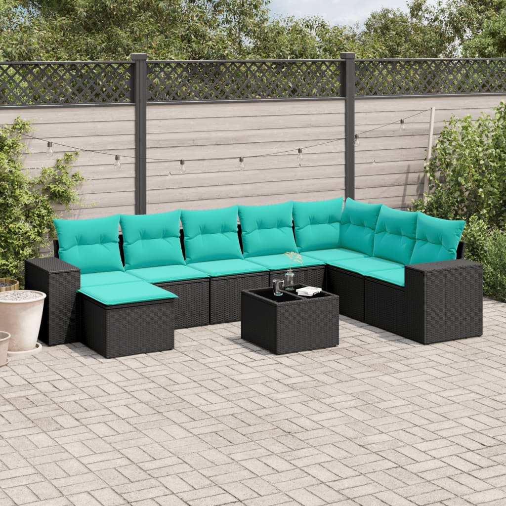 Conjunto de sofá de jardim de 9 peças com almofadas em rattan sintético preto