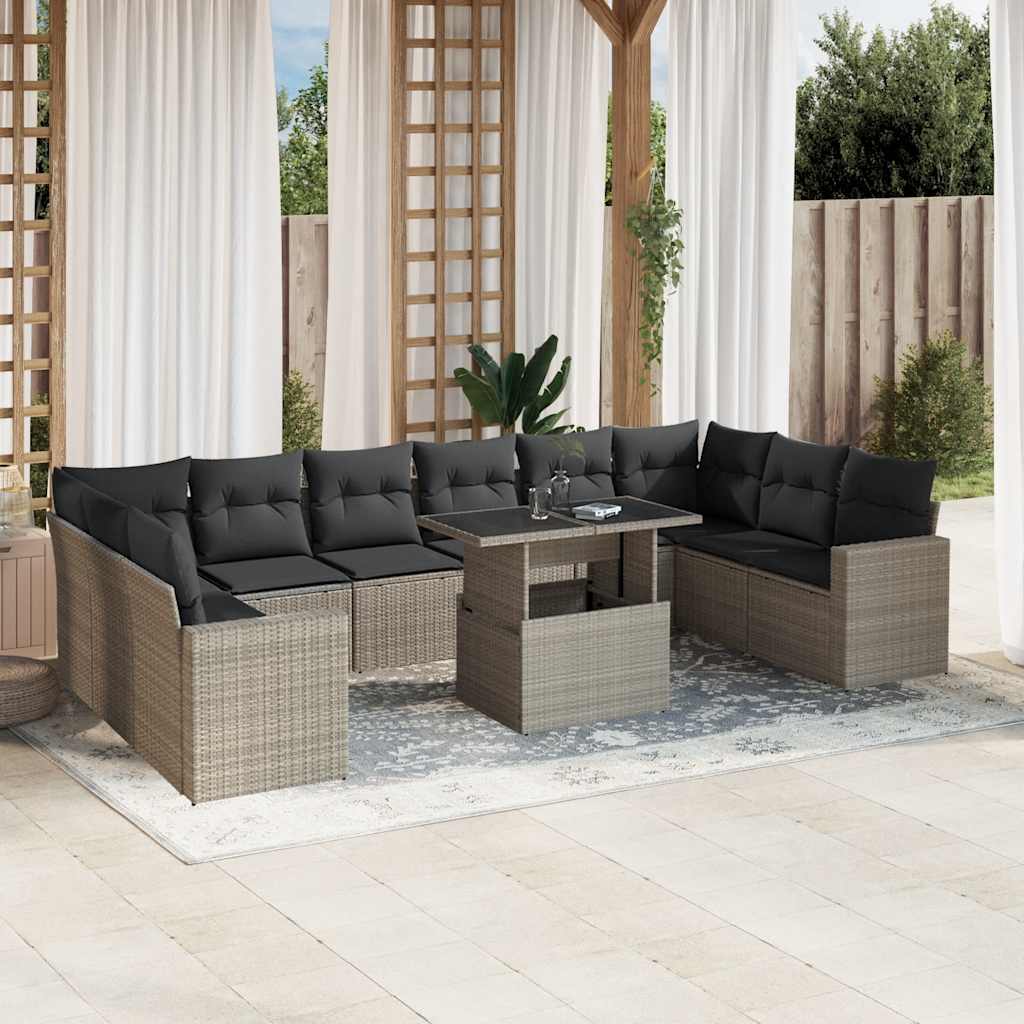 11 Pcs conjunto sofás de jardim c/ almofadões vime PE cinzento