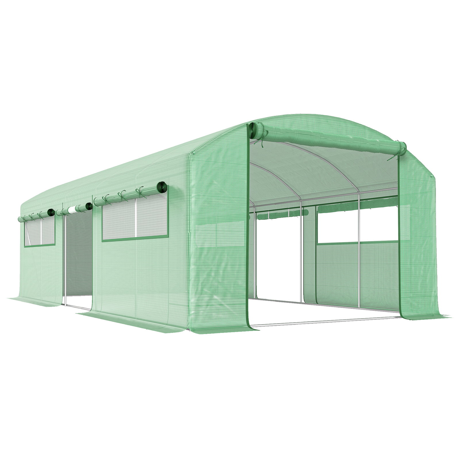 Estufa tipo túnel 6x3x2 m com 3 portas enroláveis 6 janelas com rede e estrutura de aço galvanizado verde