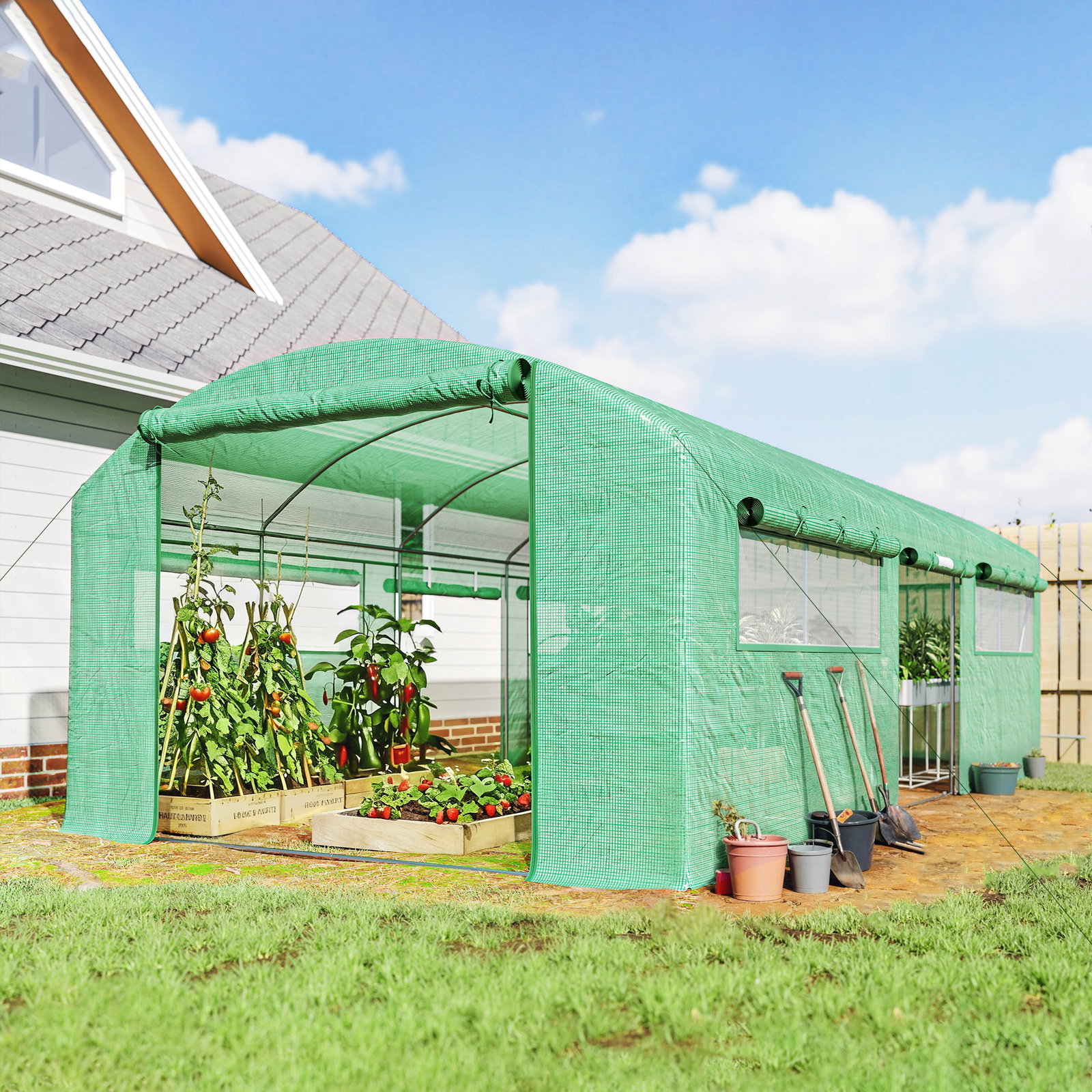 Estufa tipo túnel 6x3x2 m com 3 portas enroláveis 6 janelas com rede e estrutura de aço galvanizado verde