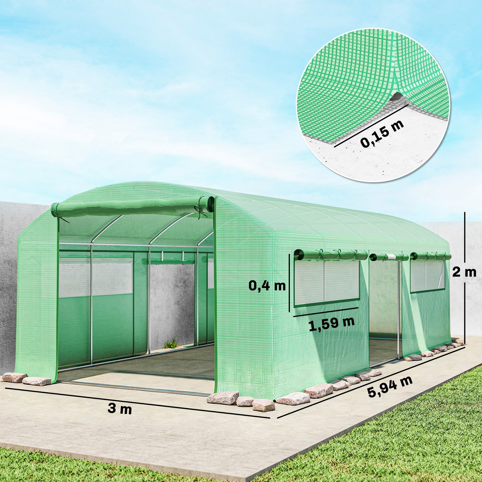 Estufa tipo túnel 6x3x2 m com 3 portas enroláveis 6 janelas com rede e estrutura de aço galvanizado verde