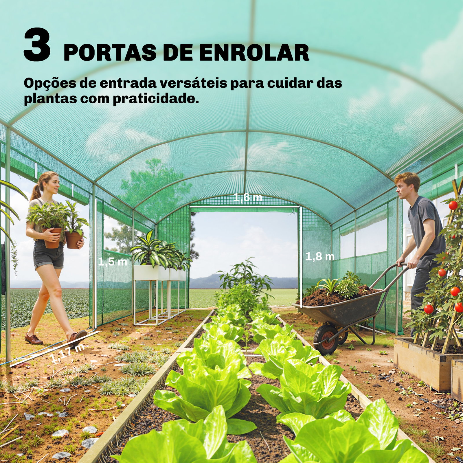Estufa tipo túnel 6x3x2 m com 3 portas enroláveis 6 janelas com rede e estrutura de aço galvanizado verde