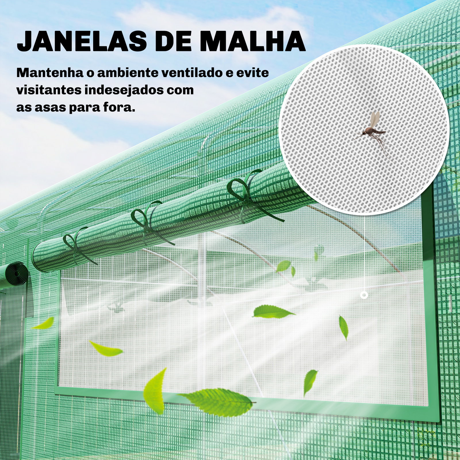 Estufa tipo túnel 6x3x2 m com 3 portas enroláveis 6 janelas com rede e estrutura de aço galvanizado verde