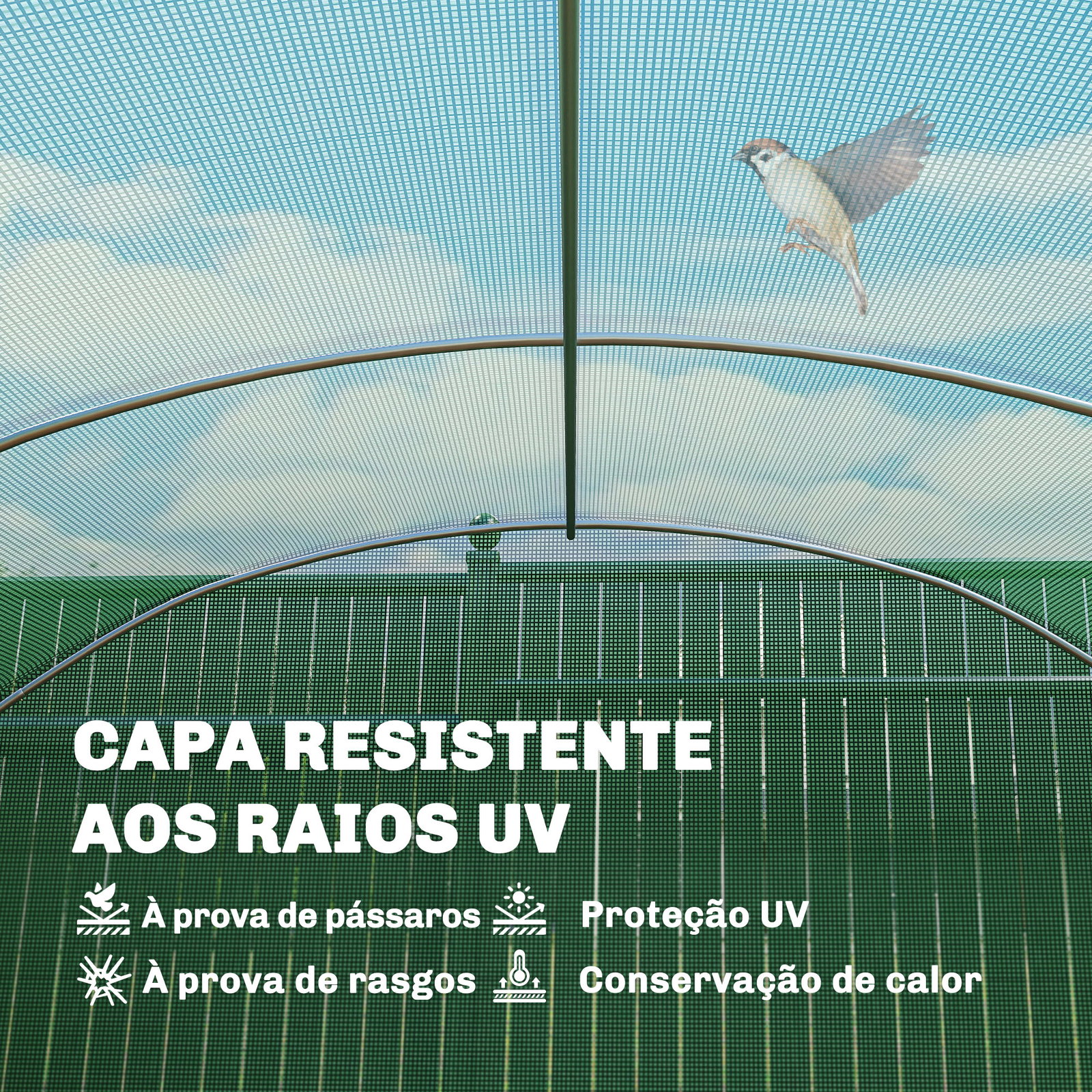 Estufa tipo túnel 6x3x2 m com 3 portas enroláveis 6 janelas com rede e estrutura de aço galvanizado verde