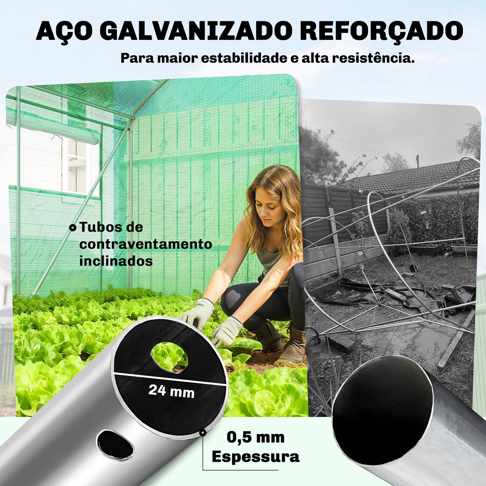 Estufa tipo túnel 6x3x2 m com 3 portas enroláveis 6 janelas com rede e estrutura de aço galvanizado verde