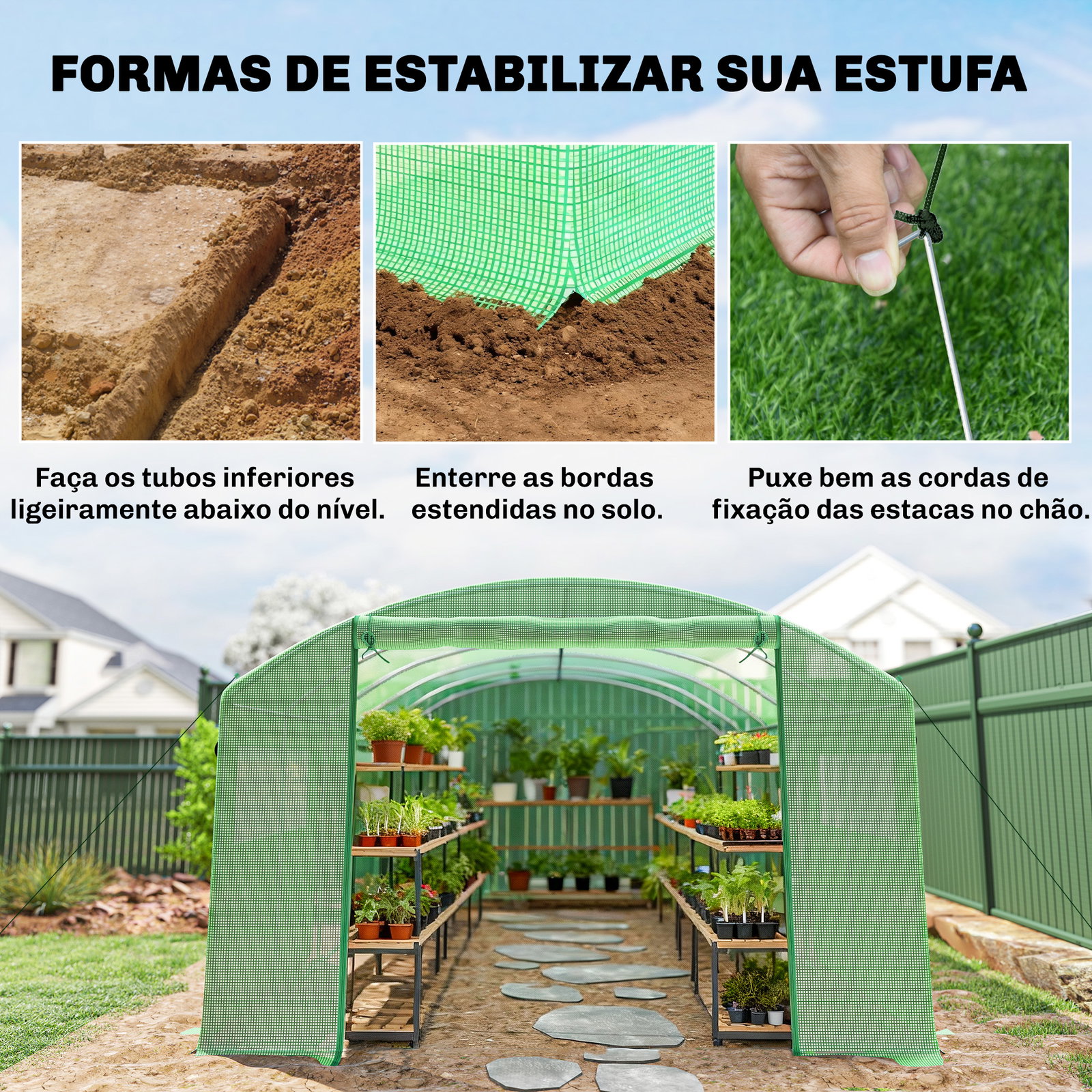 Estufa tipo túnel 6x3x2 m com 3 portas enroláveis 6 janelas com rede e estrutura de aço galvanizado verde