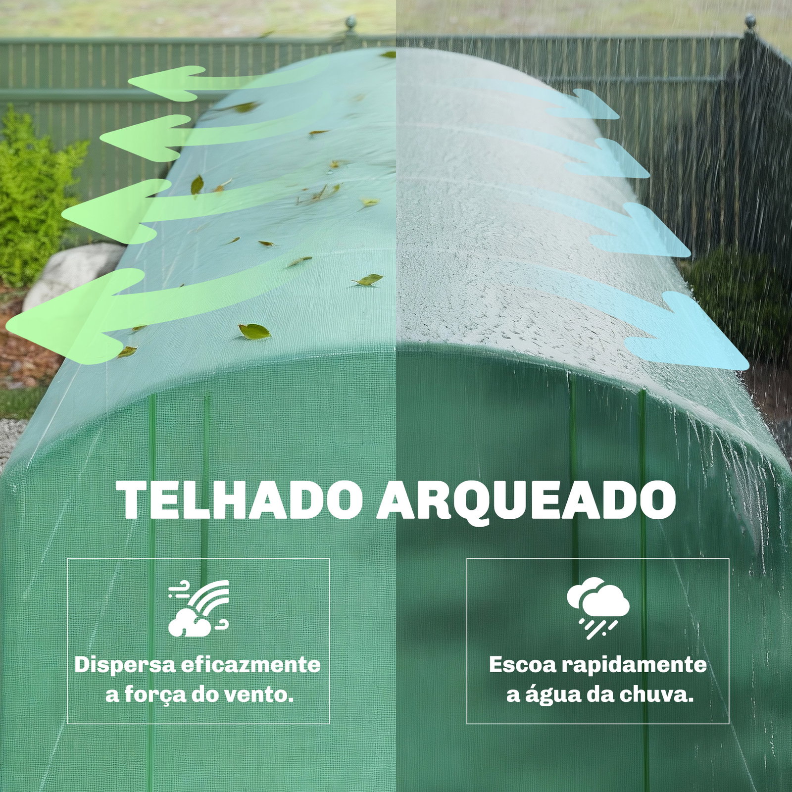 Estufa tipo túnel 6x3x2 m com 3 portas enroláveis 6 janelas com rede e estrutura de aço galvanizado verde