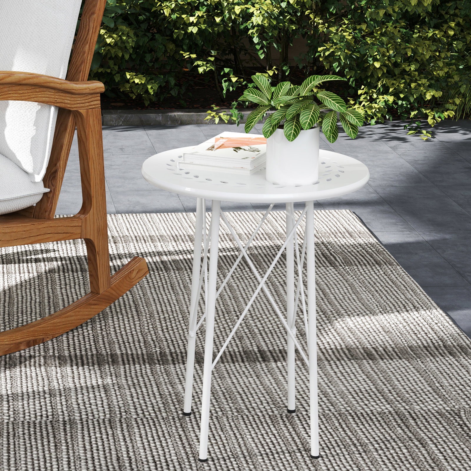 Mesa de jardim redonda mesa de varanda ø40x50 cm com pés ajustáveis e estrutura em forma de x para exterior e interior branco