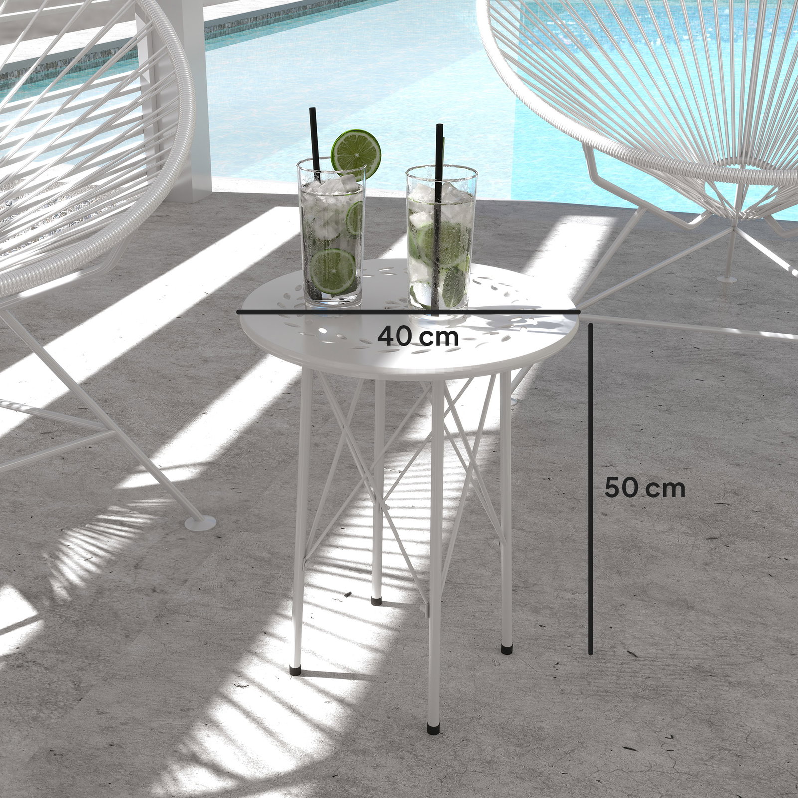 Mesa de jardim redonda mesa de varanda ø40x50 cm com pés ajustáveis e estrutura em forma de x para exterior e interior branco