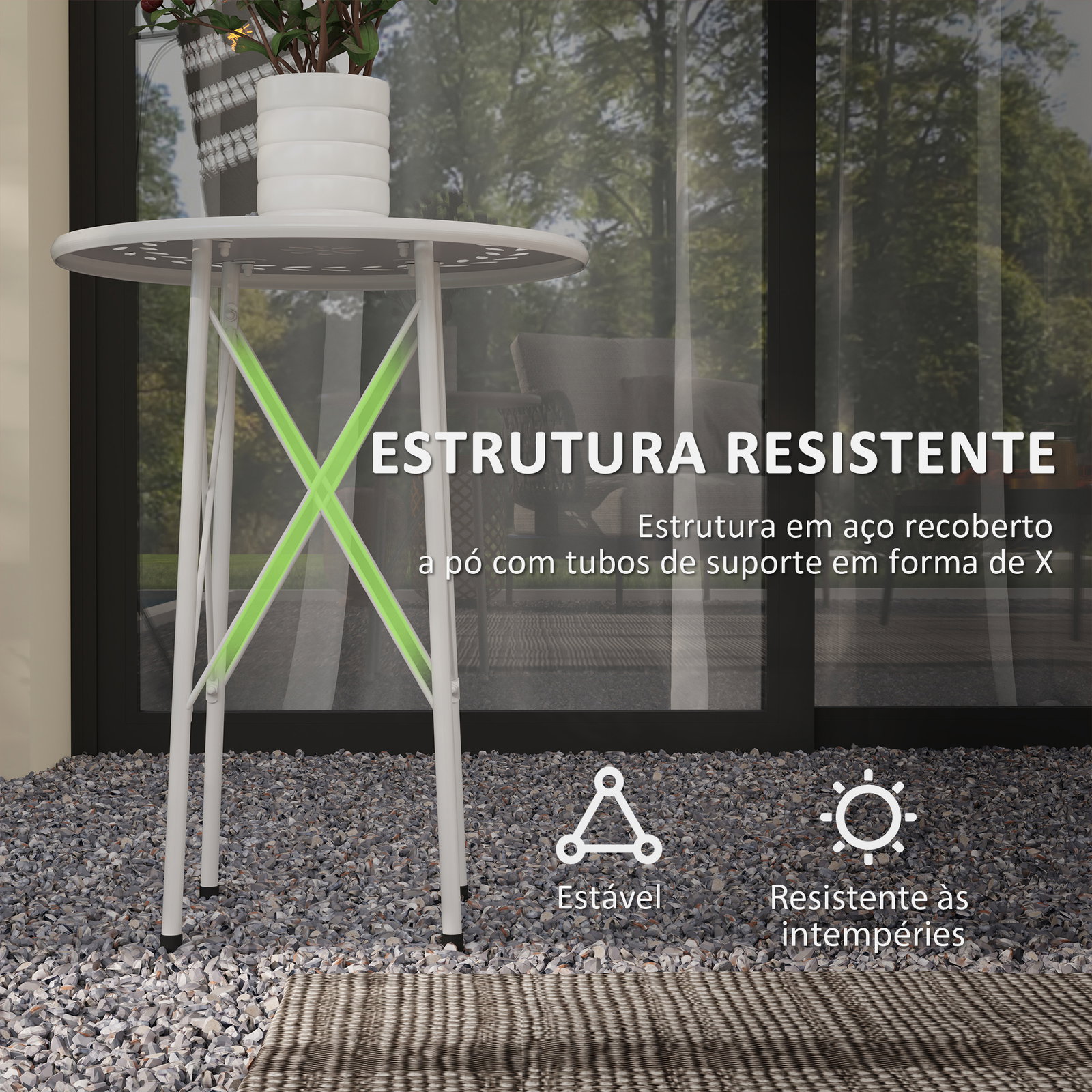 Mesa de jardim redonda mesa de varanda ø40x50 cm com pés ajustáveis e estrutura em forma de x para exterior e interior branco