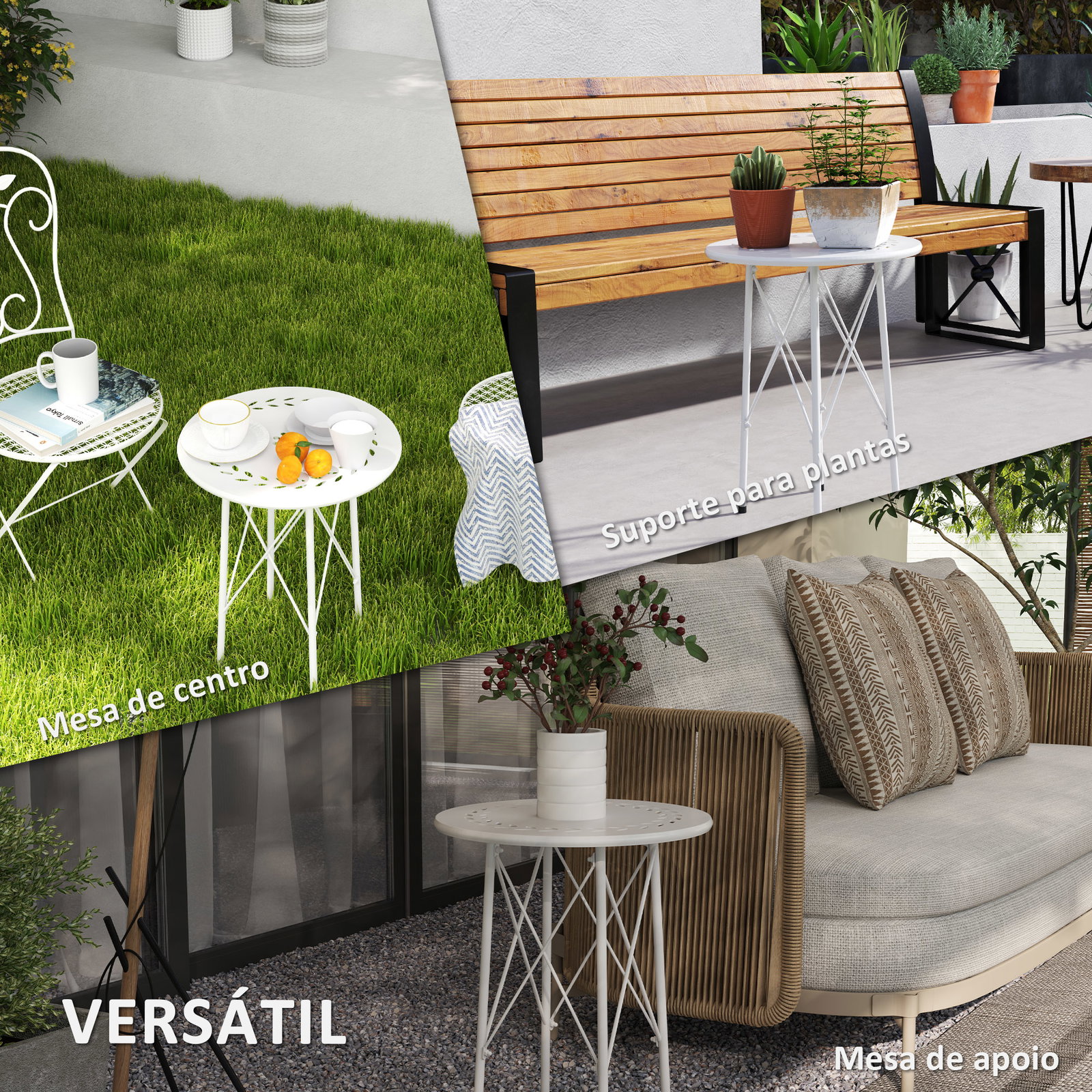 Mesa de jardim redonda mesa de varanda ø40x50 cm com pés ajustáveis e estrutura em forma de x para exterior e interior branco