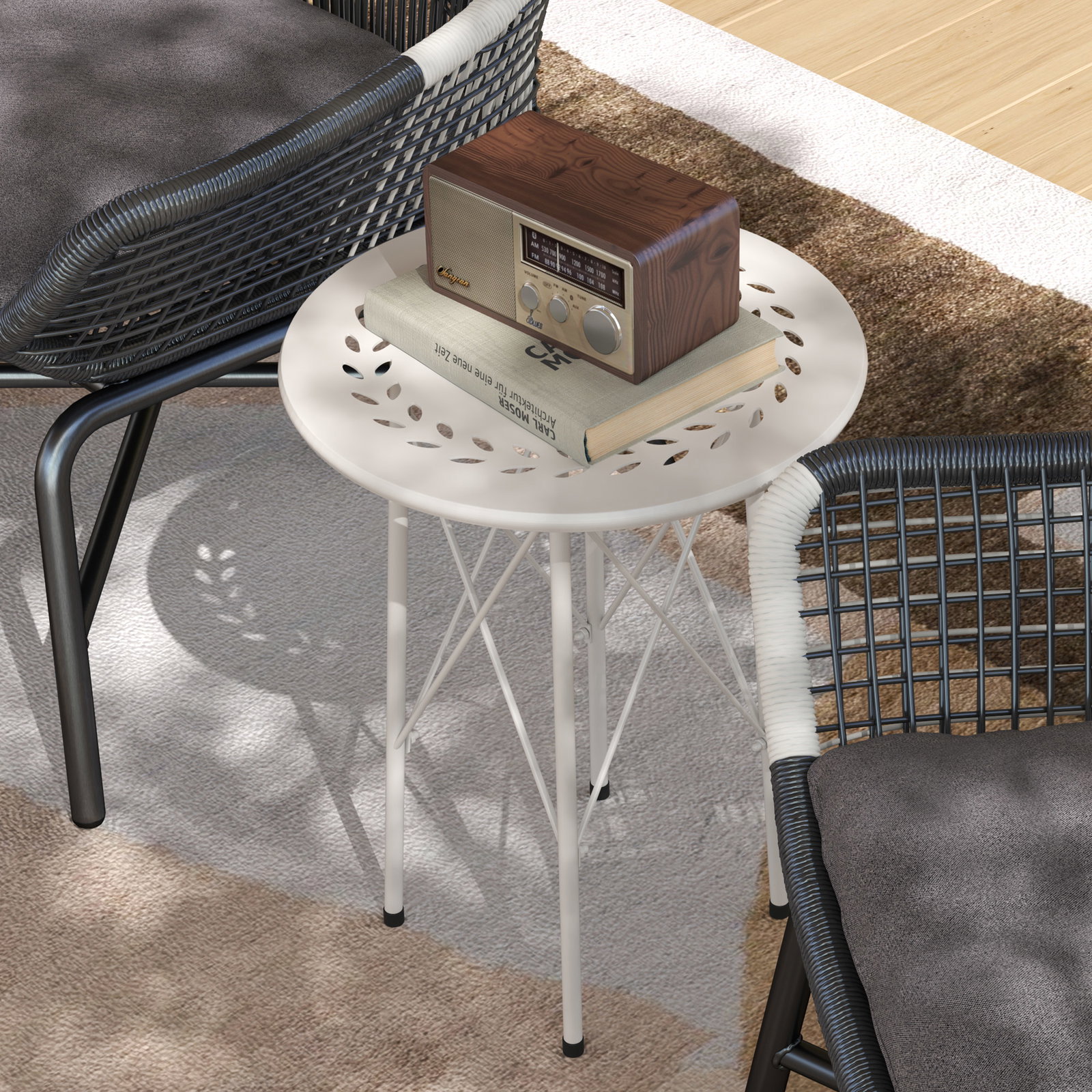 Mesa de jardim redonda mesa de varanda ø40x50 cm com pés ajustáveis e estrutura em forma de x para exterior e interior branco