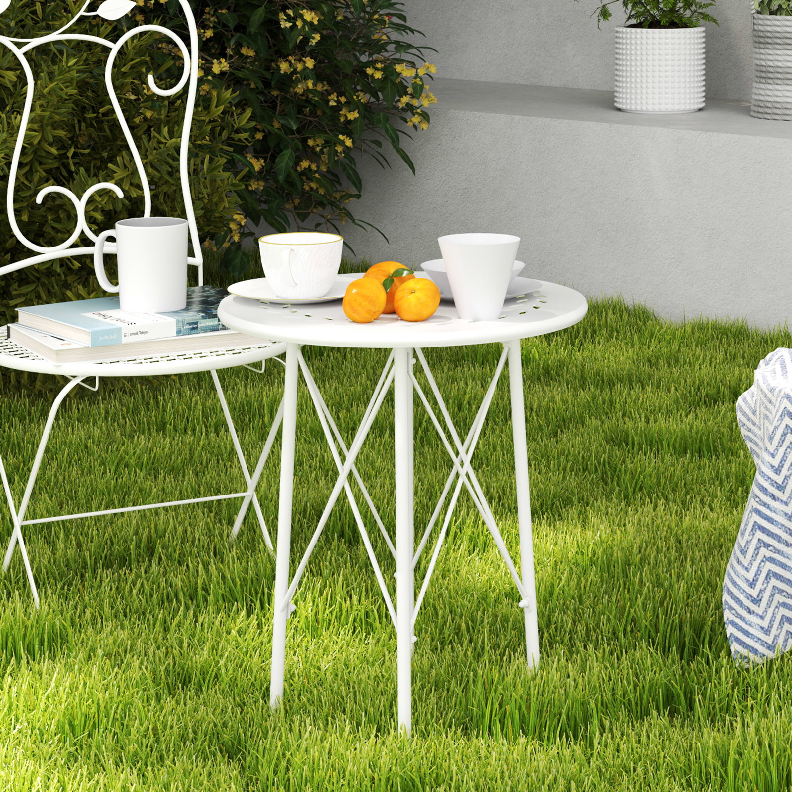 Mesa de jardim redonda mesa de varanda ø40x50 cm com pés ajustáveis e estrutura em forma de x para exterior e interior branco