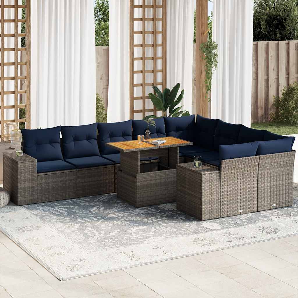 10 Pcs conjunto sofás de jardim c/ almofadões vime PE cinzento