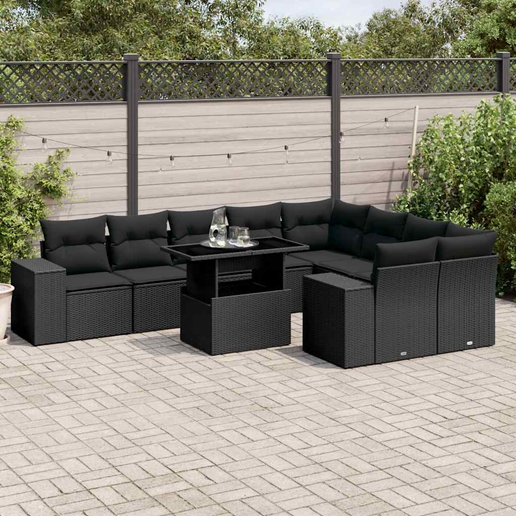 10 Pcs conjunto sofás de jardim c/ almofadões vime PE preto