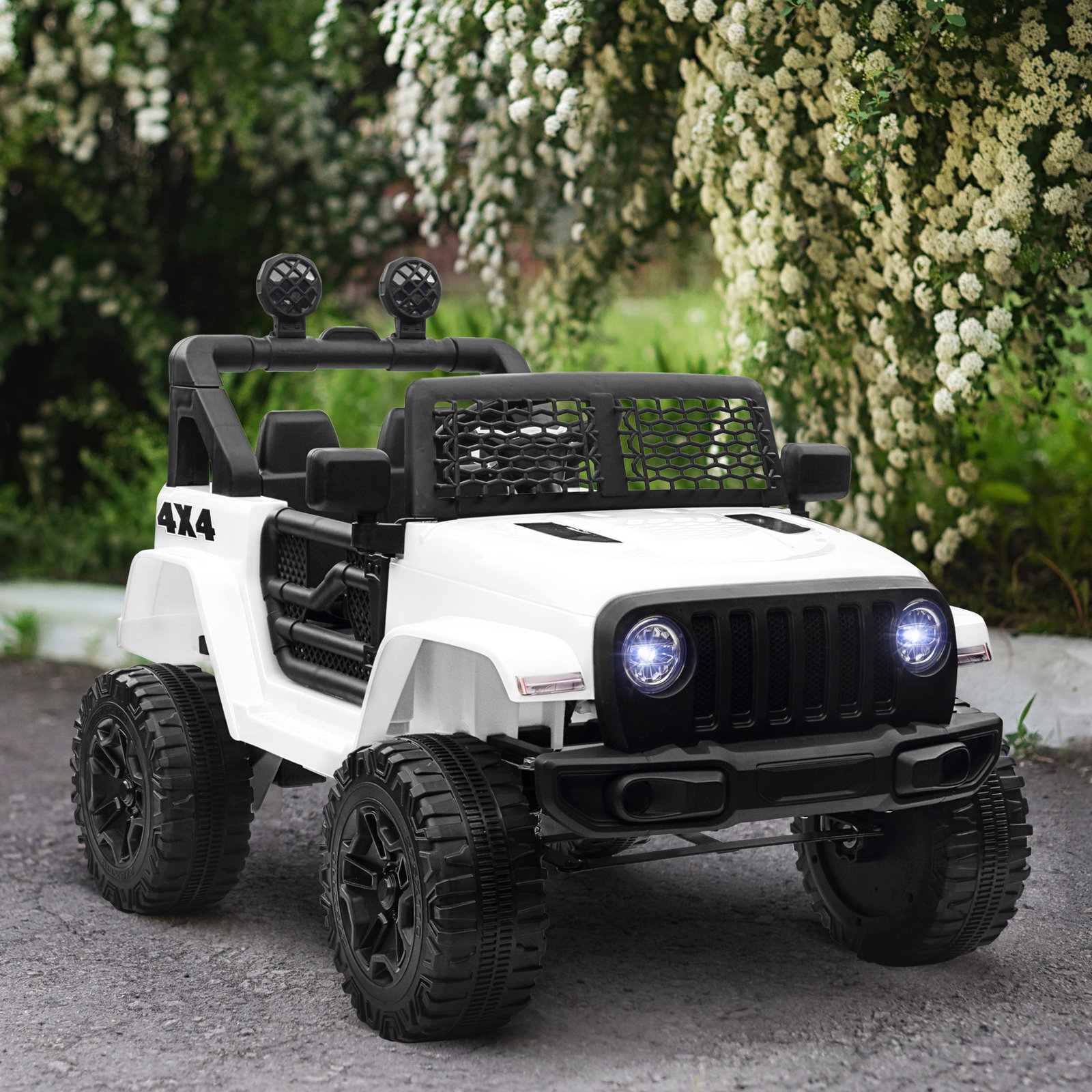 Carro elétrico infantil bateria 12v com 2 motores controle remoto 2.4g luzes buzina velocidade ajustável 100x65x72cm branco
