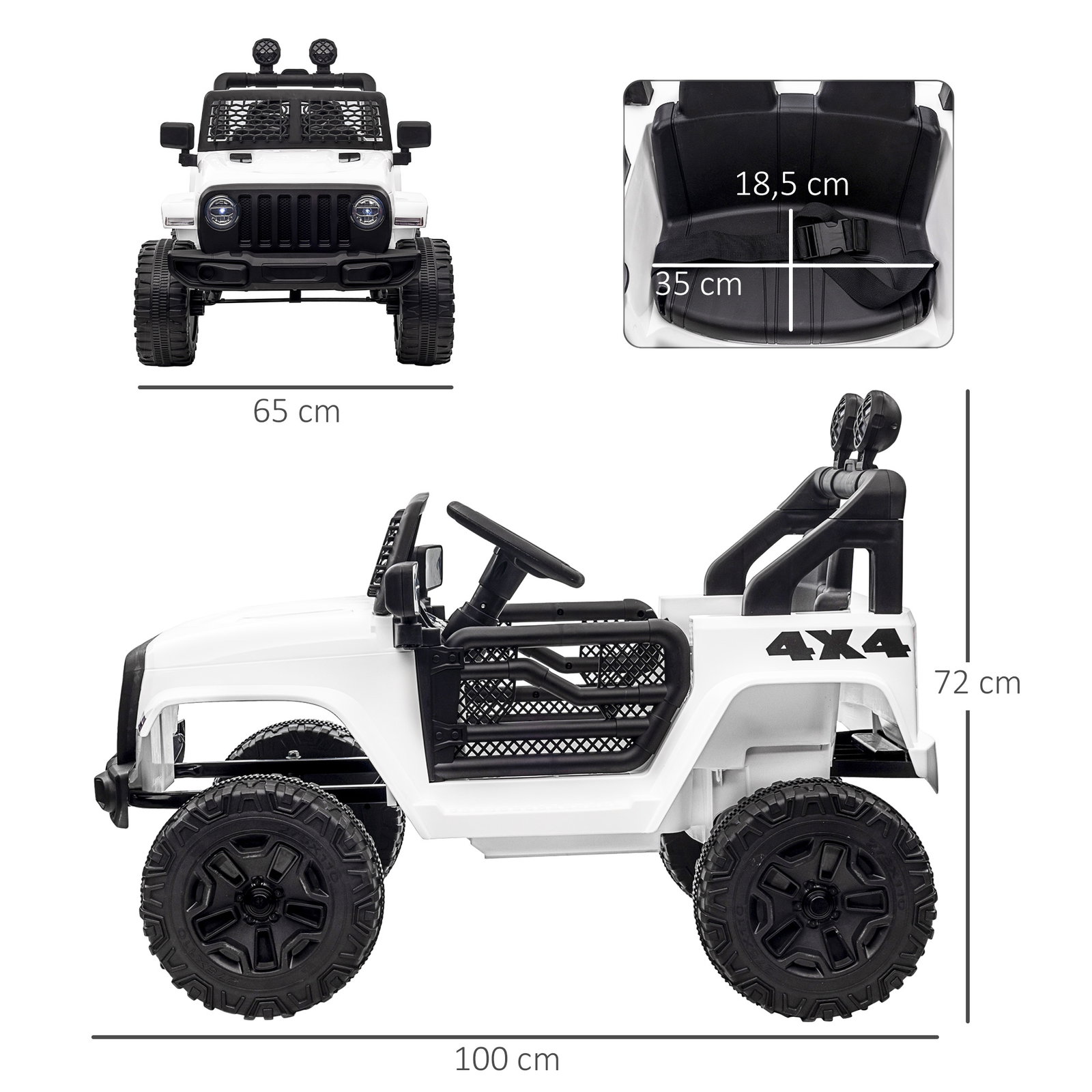 Carro elétrico infantil bateria 12v com 2 motores controle remoto 2.4g luzes buzina velocidade ajustável 100x65x72cm branco