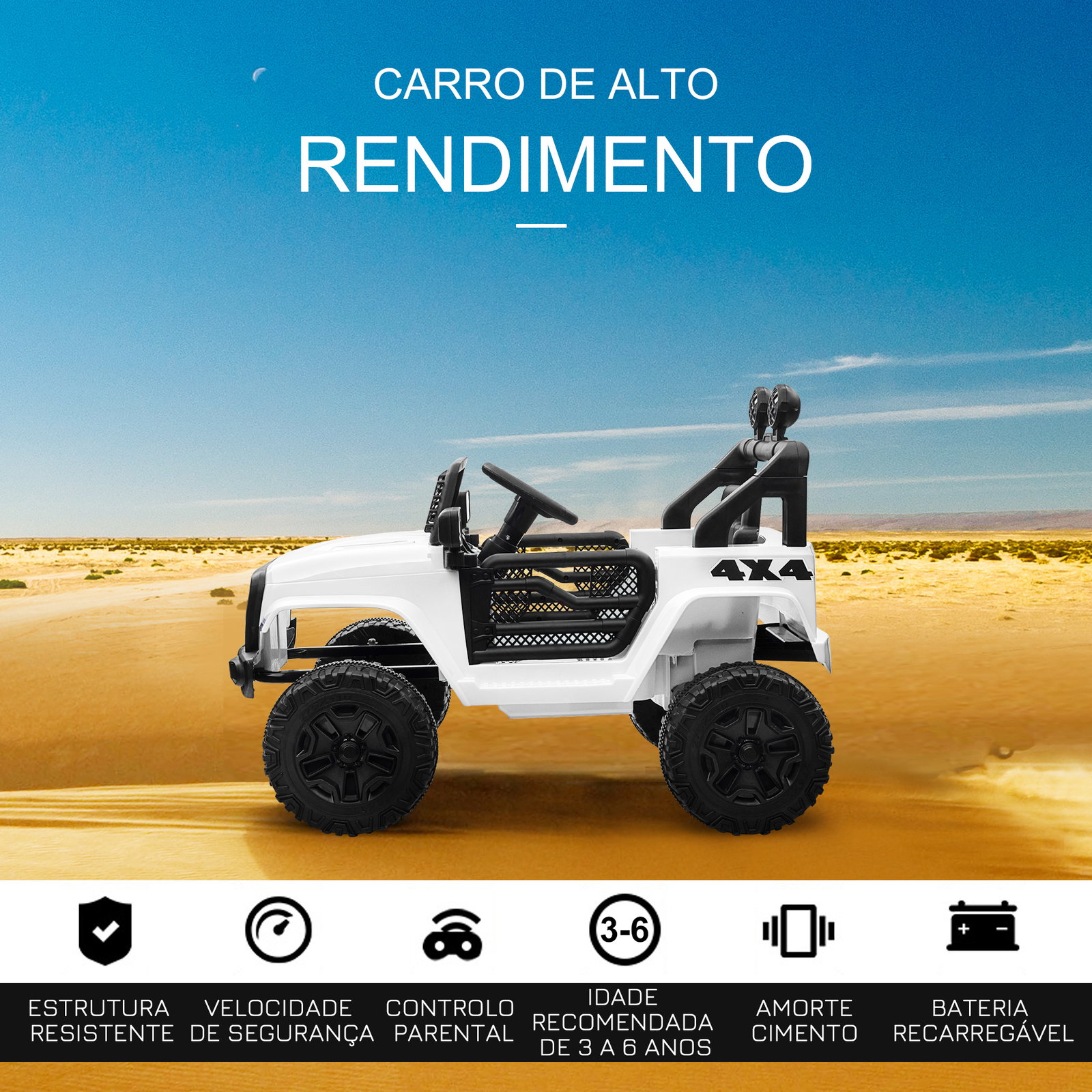 Carro elétrico infantil bateria 12v com 2 motores controle remoto 2.4g luzes buzina velocidade ajustável 100x65x72cm branco