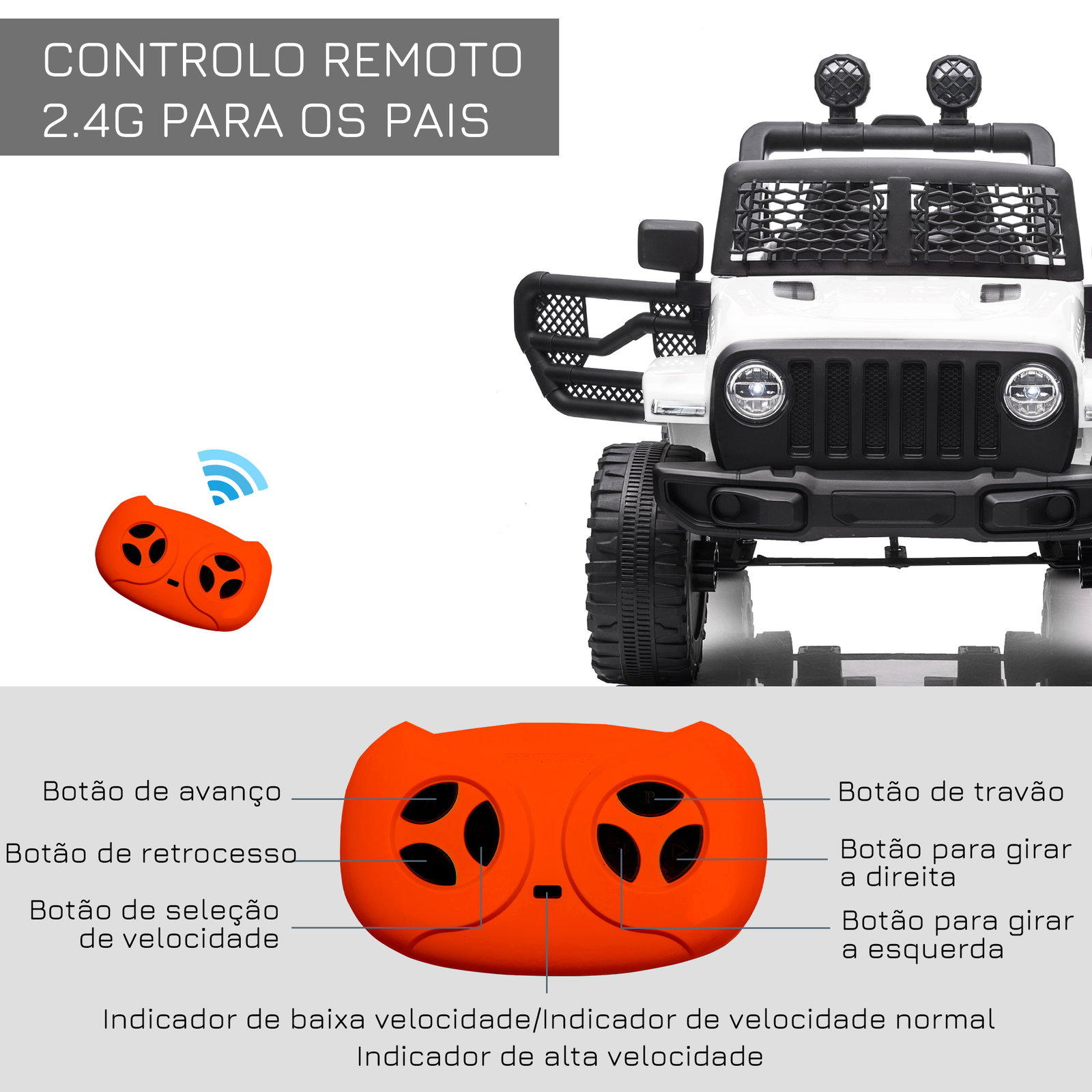 Carro elétrico infantil bateria 12v com 2 motores controle remoto 2.4g luzes buzina velocidade ajustável 100x65x72cm branco
